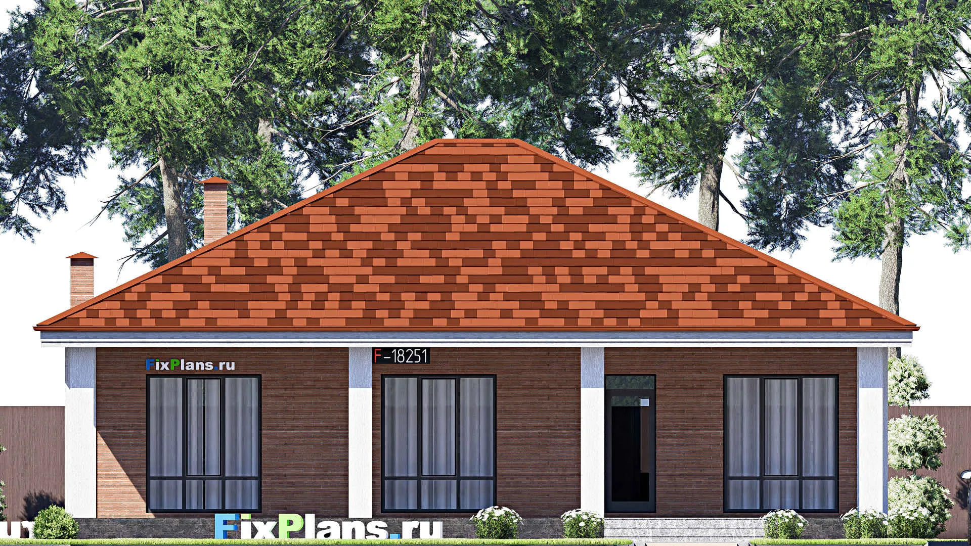 F-18251 - Проект одноэтажного дома 13 на 15, площадью 150 м² с террасой и 3 спальнями