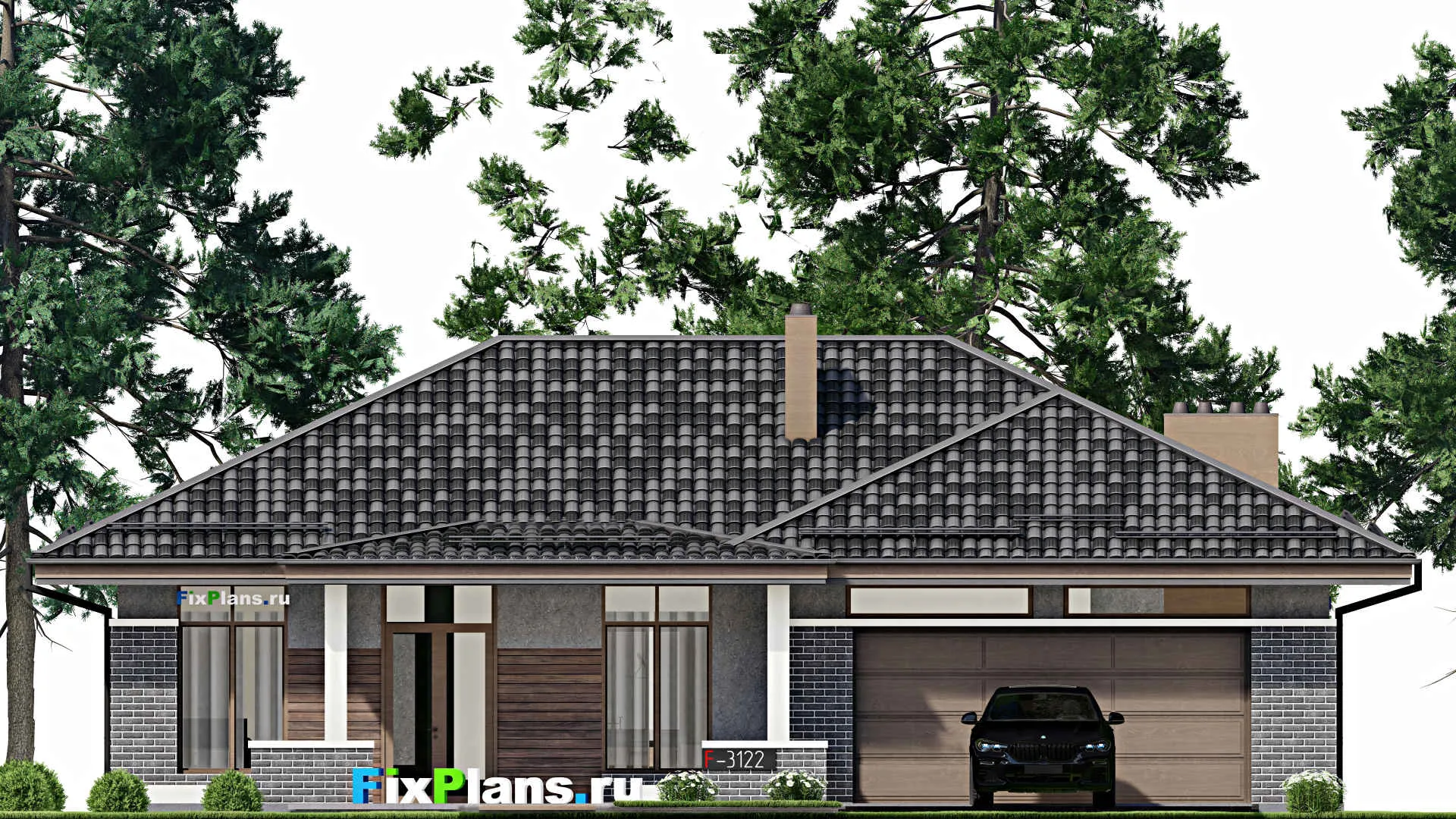 F-3122 - Проект одноэтажного дома 12 на 17, площадью 330 м² с террасой, цокольным этажом, баней, гаражом на 1 машину и 3 спальнями
