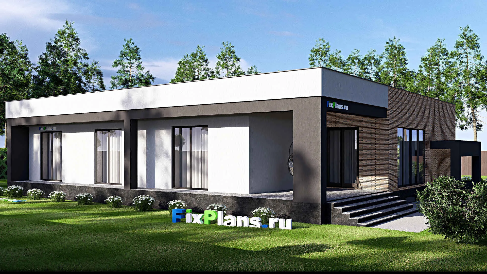 F-19061 - Проект одноэтажного дома 20 на 21, площадью 370 м² с террасой, цокольным этажом, гаражом на 2 машины и 3 спальнями