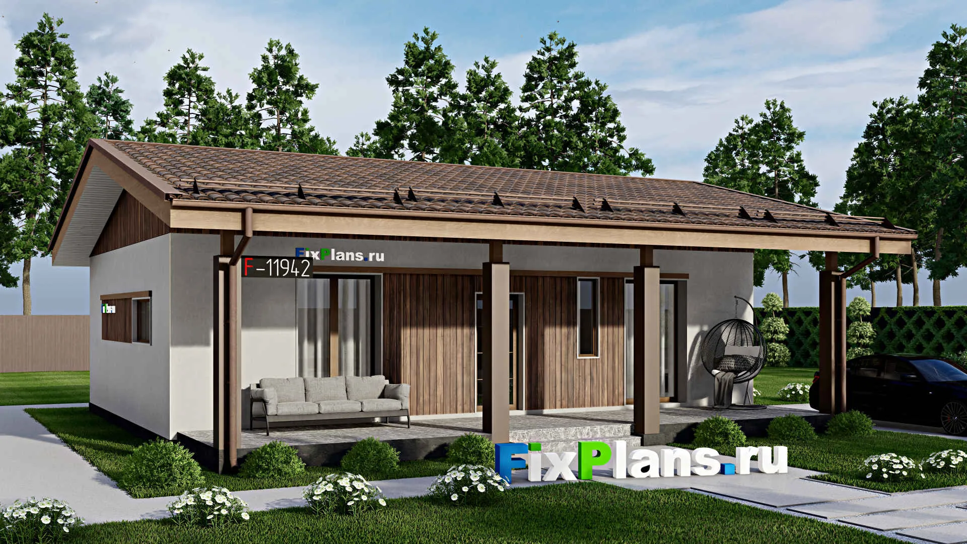 F-11942 - Проект одноэтажного дома 11 на 12, площадью 110 м² с 3 спальнями