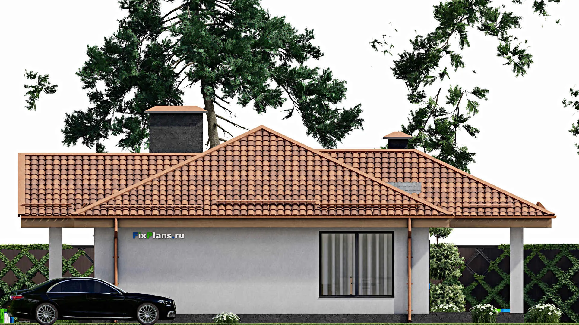 F-11078 - Проект одноэтажного дома 15 на 16, площадью 140 м² с террасой и 3 спальнями