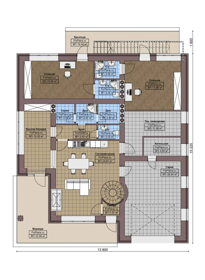 F-4985 - Планы двухэтажного дома 14 на 16, площадью 350 м² с террасой, балконом, баней, гаражом на 1 машину и 5 спальнями