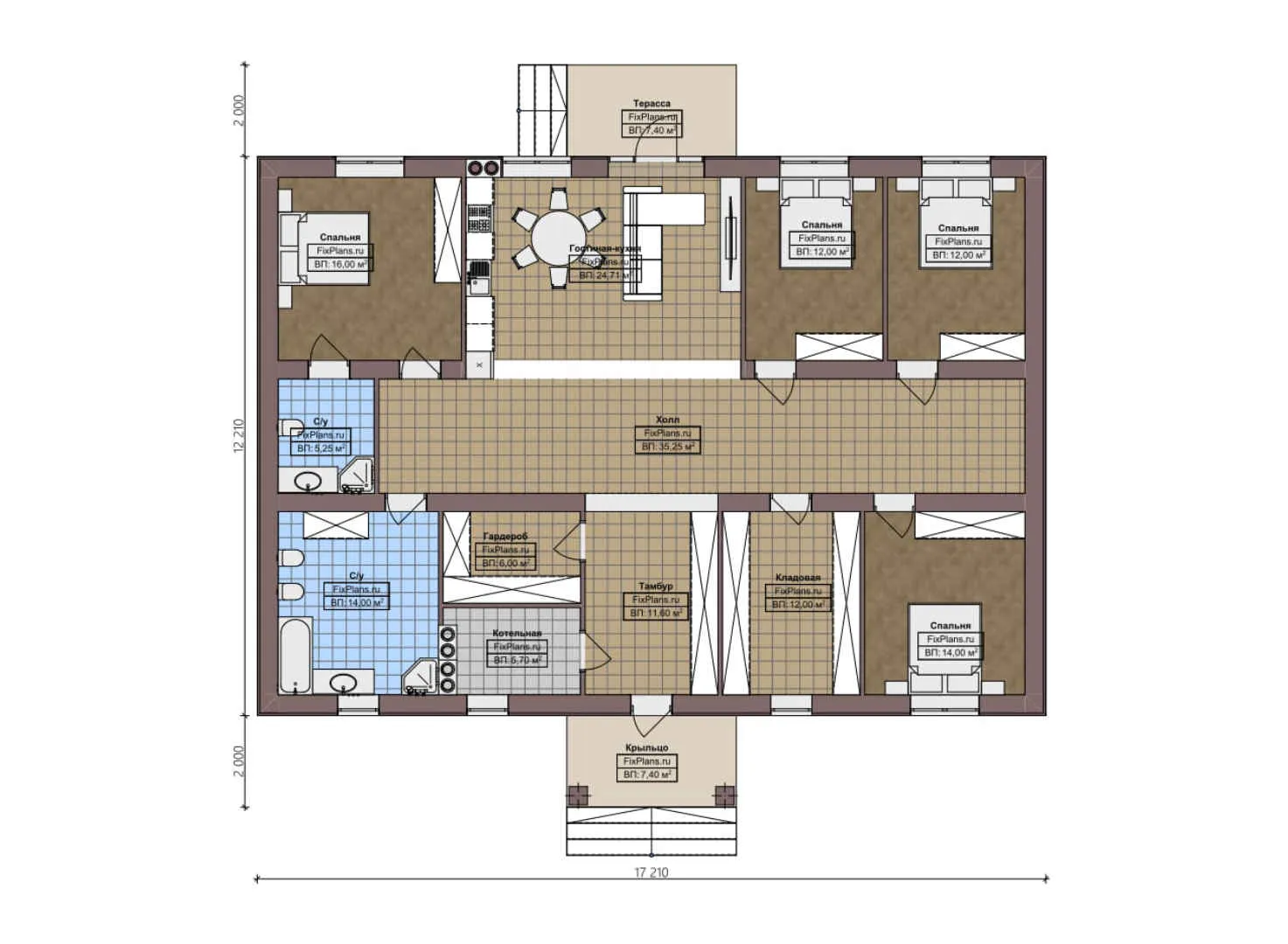 F-3113 - План одноэтажного дома 13 на 18, площадью 190 м² с террасой и 4 спальнями