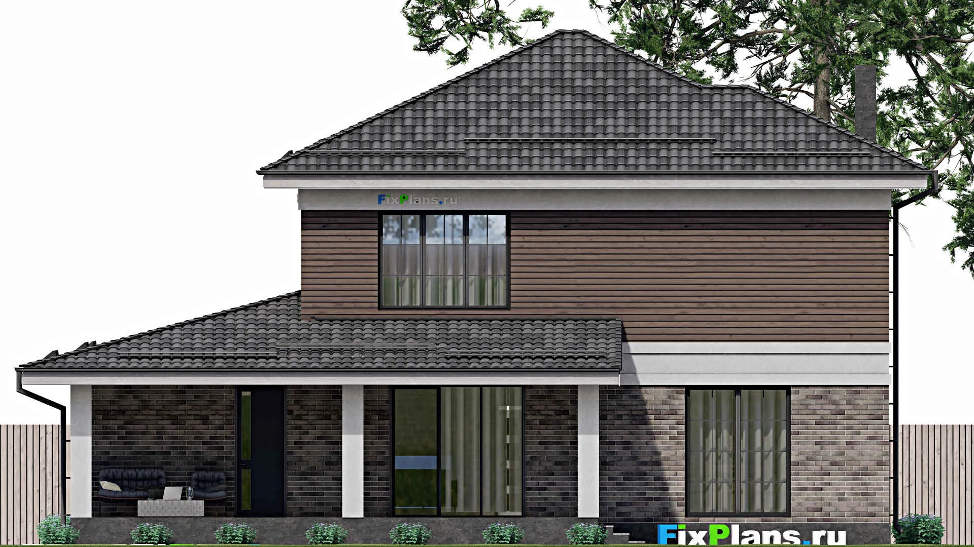 F-2213 - Проект двухэтажного дома 13 на 16, площадью 240 м² с террасой, гаражом на 1 машину и 3 спальнями