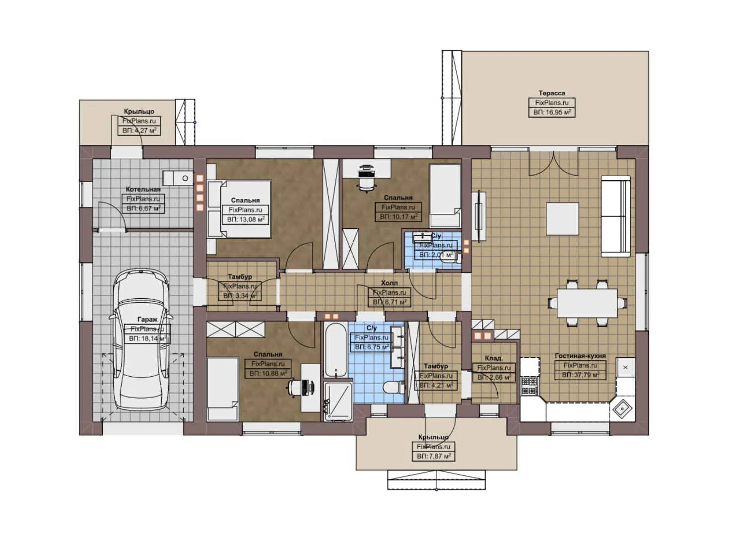 F-7595 - План одноэтажного дома 10 на 15, площадью 160 м² с террасой, гаражом на 1 машину и 3 спальнями