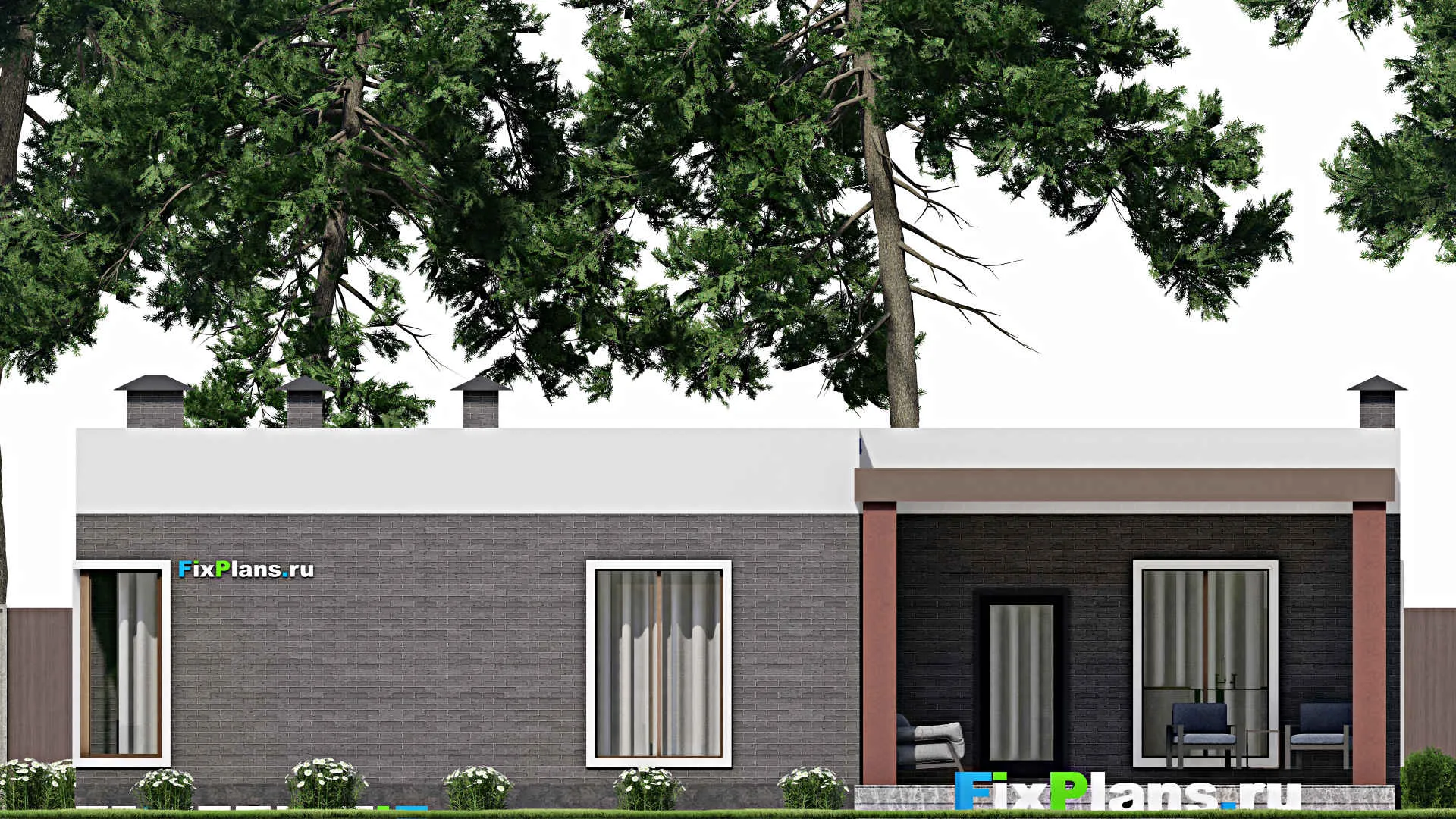 F-10727 - План одноэтажного дома 15 на 16, площадью 180 м² с террасой и 3 спальнями