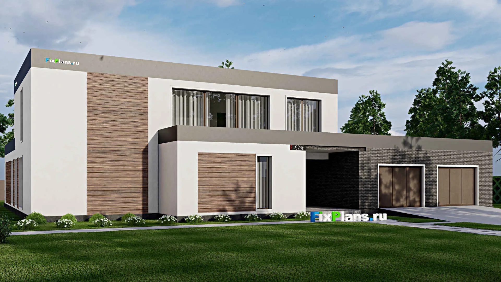 F-9296 - Проект двухэтажного дома 22 на 29, площадью 510 м² с террасой, баней, гаражом на 2 машины и 5 спальнями