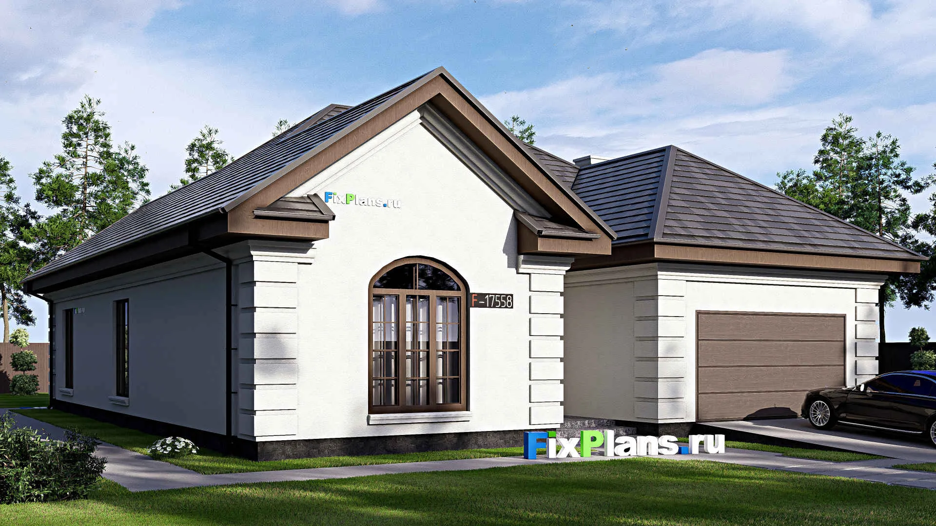 F-17558 - Проект одноэтажного дома 17 на 21, площадью 280 м² с террасой, гаражом на 2 машины и 3 спальнями