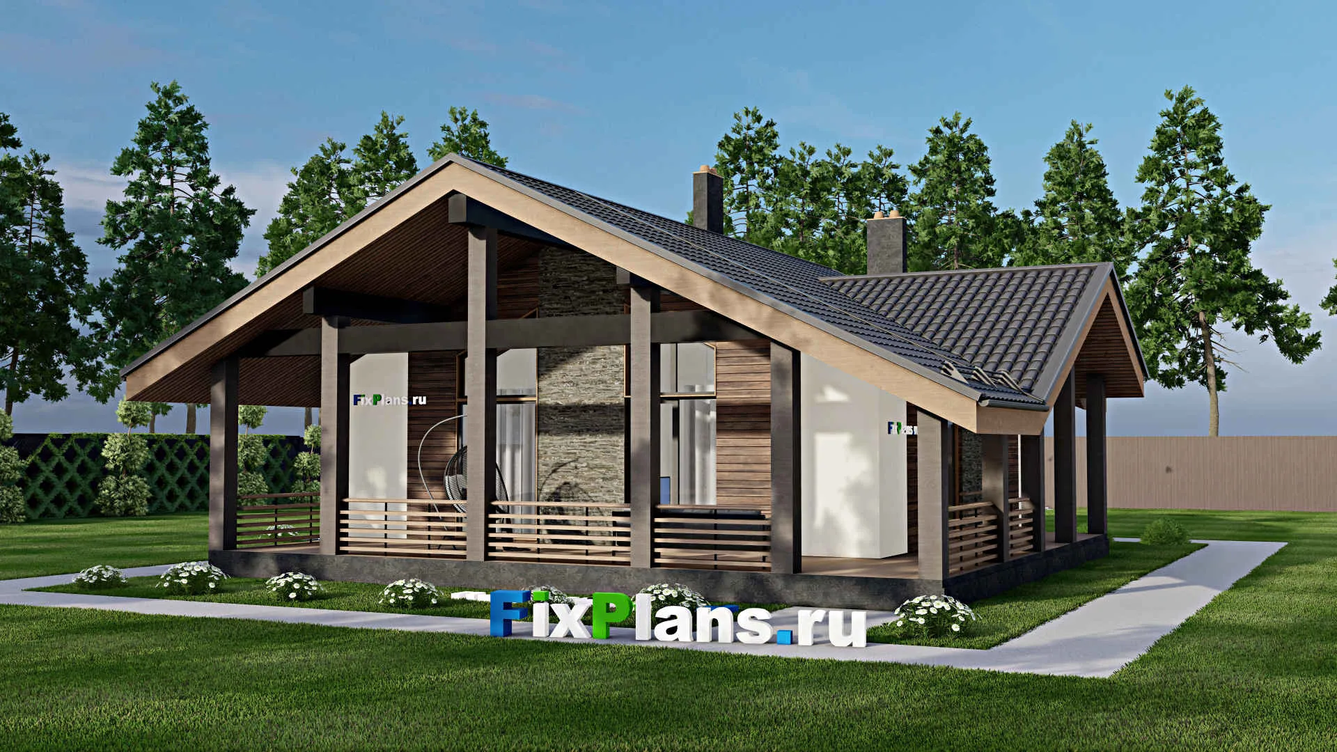 F-5174 - Проект одноэтажного дома 11 на 11, площадью 140 м² с террасой и 1 спальнями