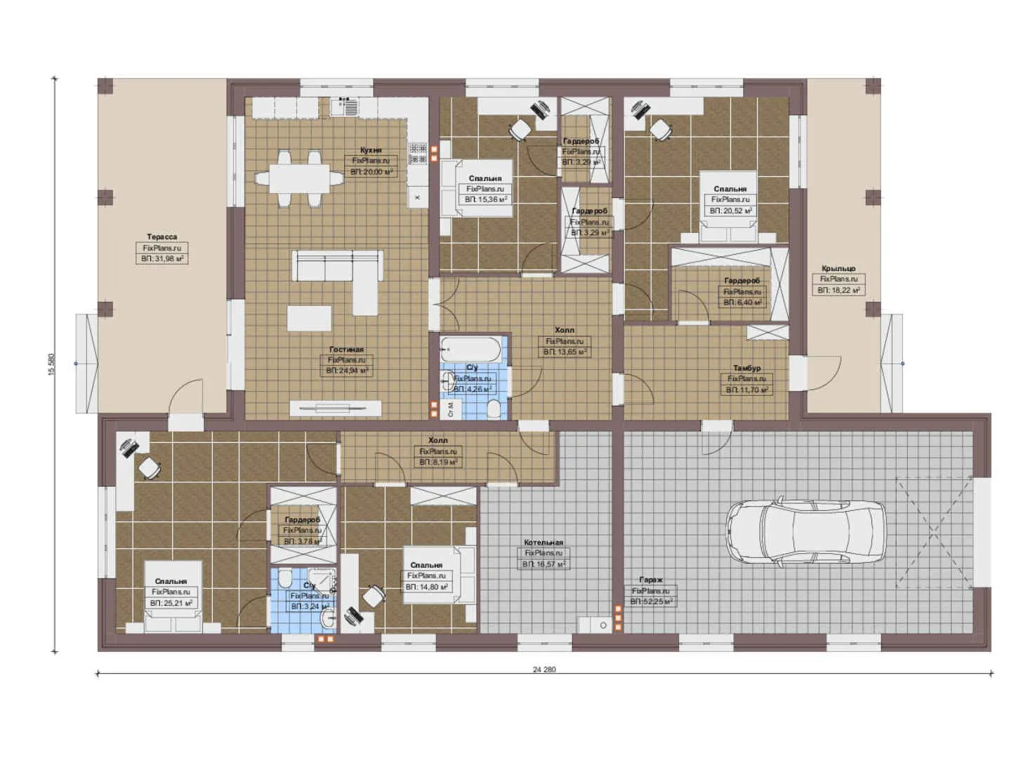 F-14507 - План одноэтажного дома 16 на 25, площадью 300 м² с террасой, гаражом на 2 машины и 4 спальнями