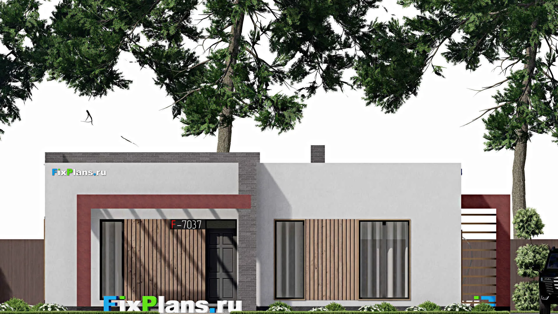 F-7037 - План одноэтажного дома 14 на 15, площадью 150 м² с террасой и 2 спальнями