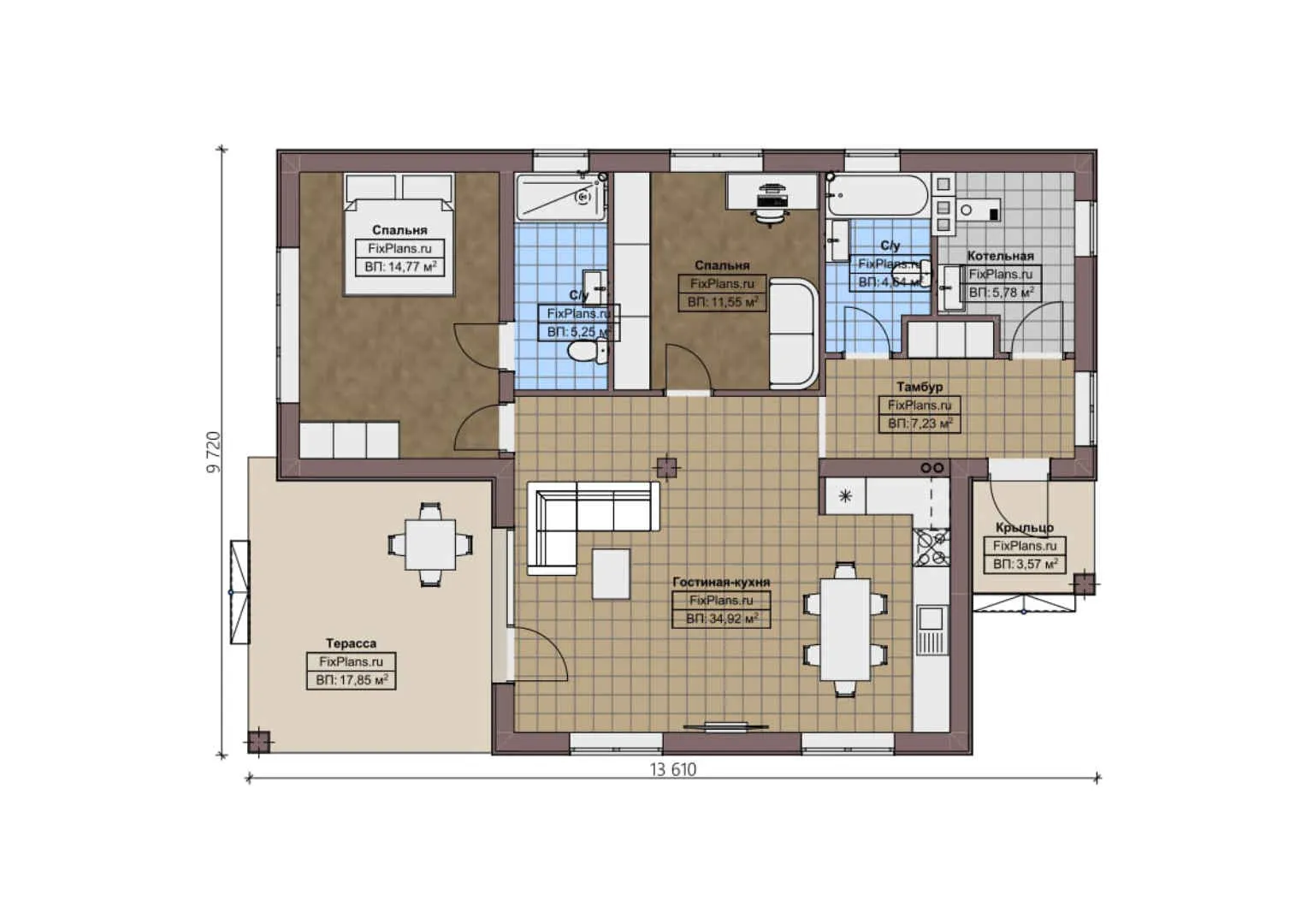 F-1106 - План одноэтажного дома 10 на 14, площадью 110 м² с террасой и 2 спальнями