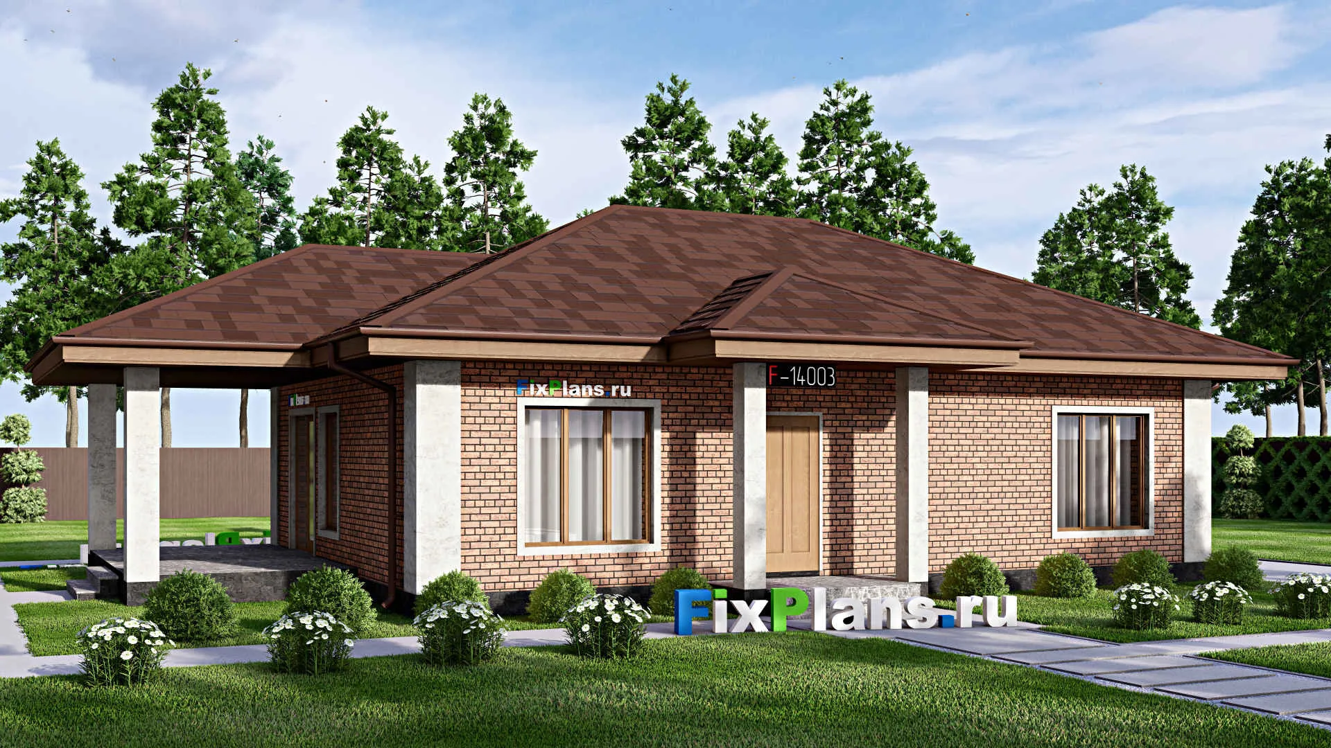 F-14003 - Проект одноэтажного дома 11 на 16, площадью 120 м² с террасой и 3 спальнями