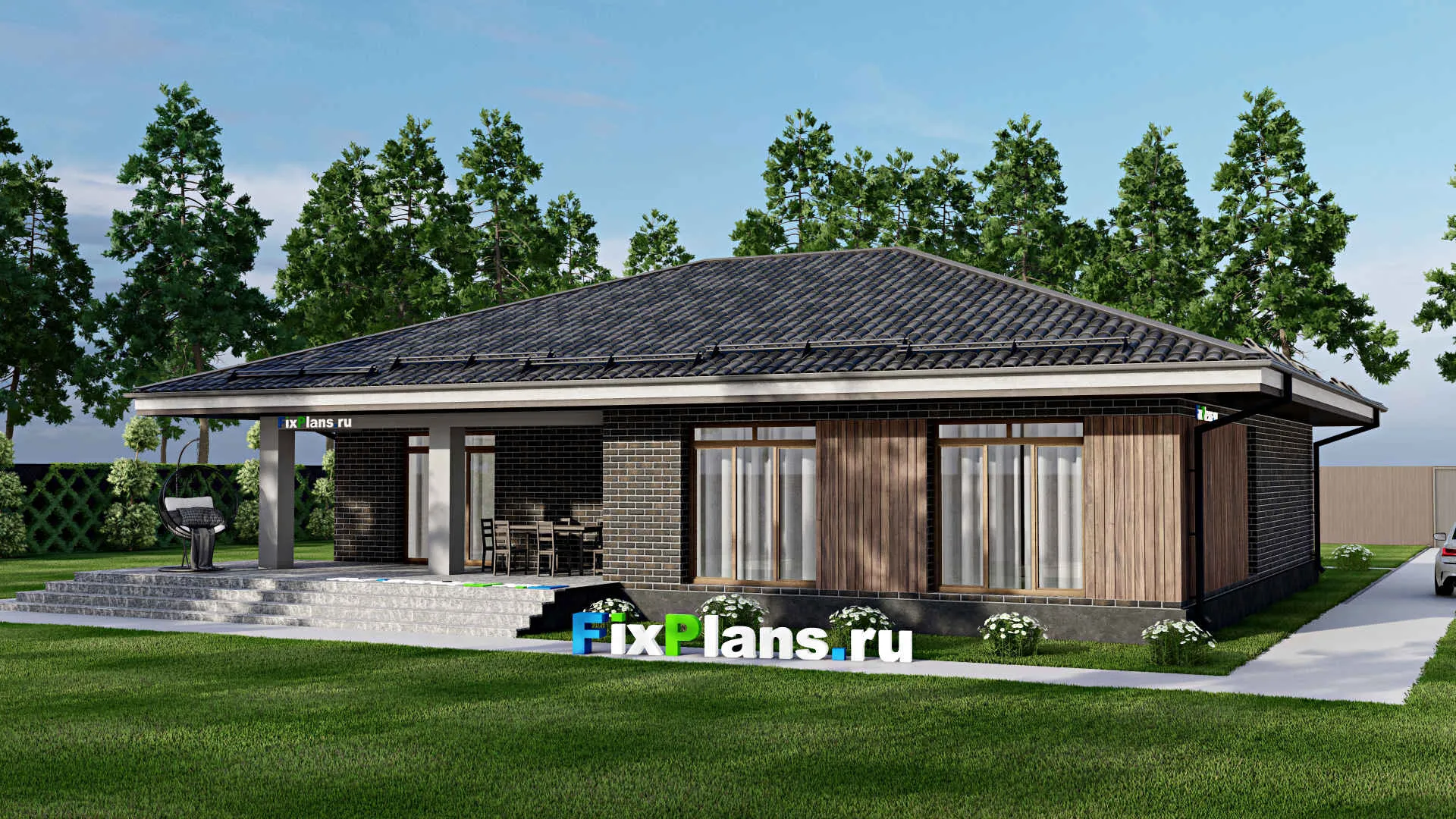 F-5021 - План одноэтажного дома 14 на 16, площадью 170 м² с террасой и 3 спальнями