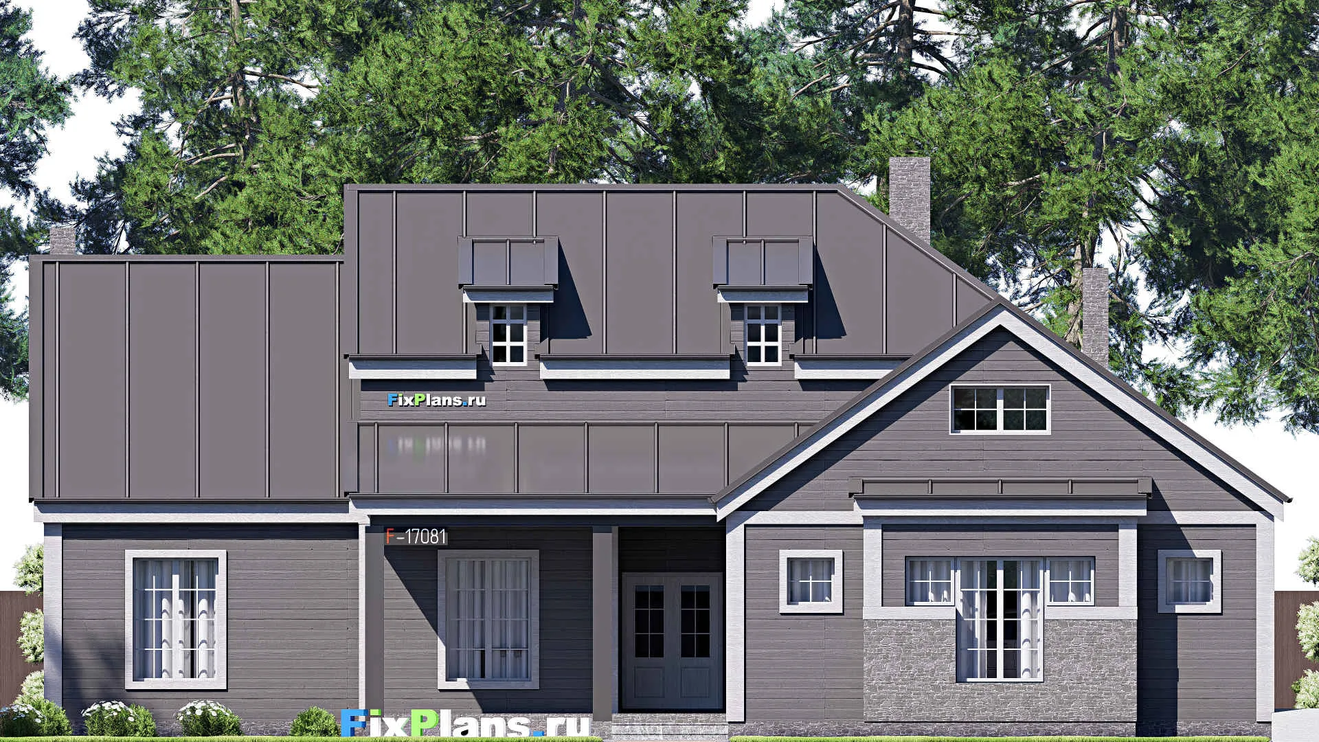 F-17081 - Проект одноэтажного дома 20 на 21, площадью 260 м² с террасой, гаражом на 2 машины и 4 спальнями