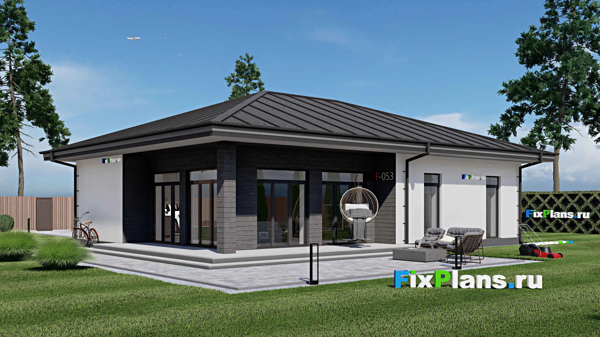 F-0053i - Проект одноэтажного дома 16 на 17, площадью 160 м² с террасой и 3 спальнями