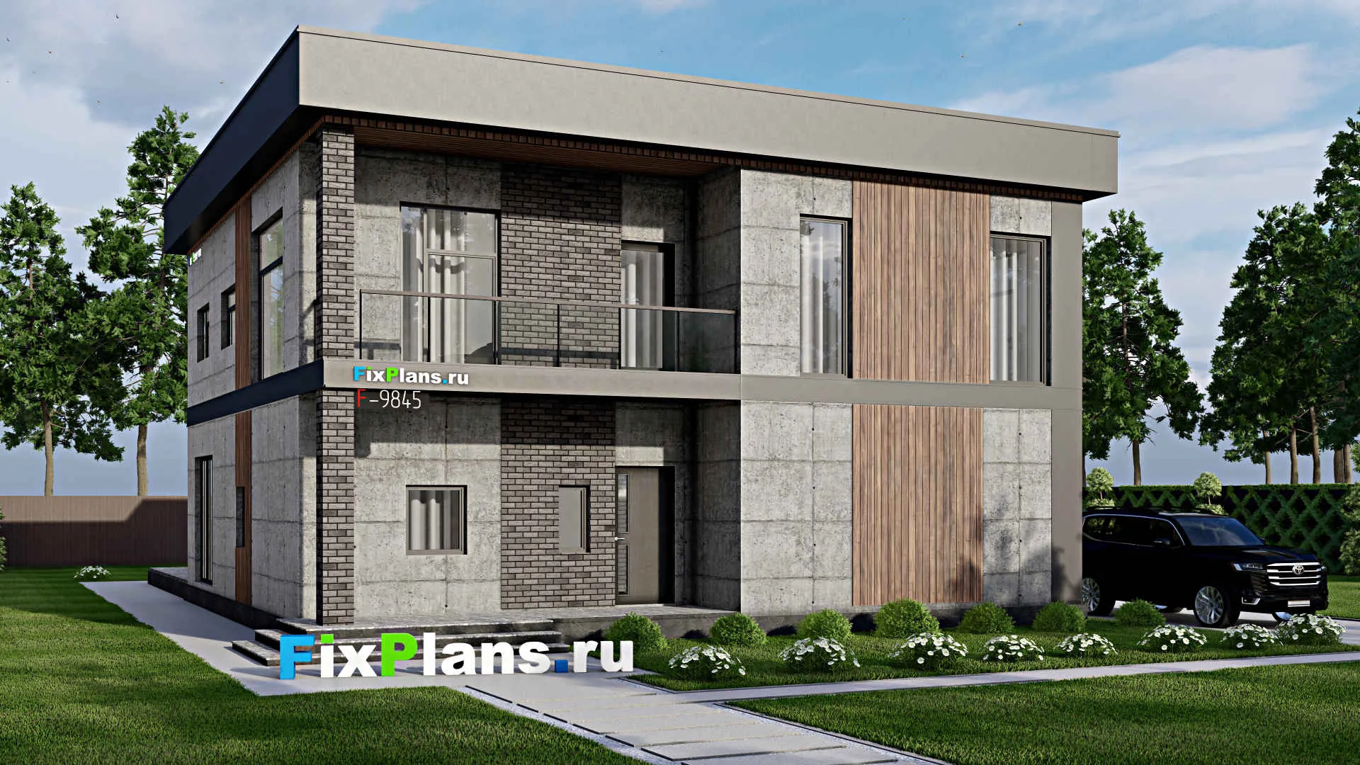 F-9845 - Проект двухэтажного дома 13 на 19, площадью 550 м² с террасой, балконом, баней, бассейном и 8 спальнями