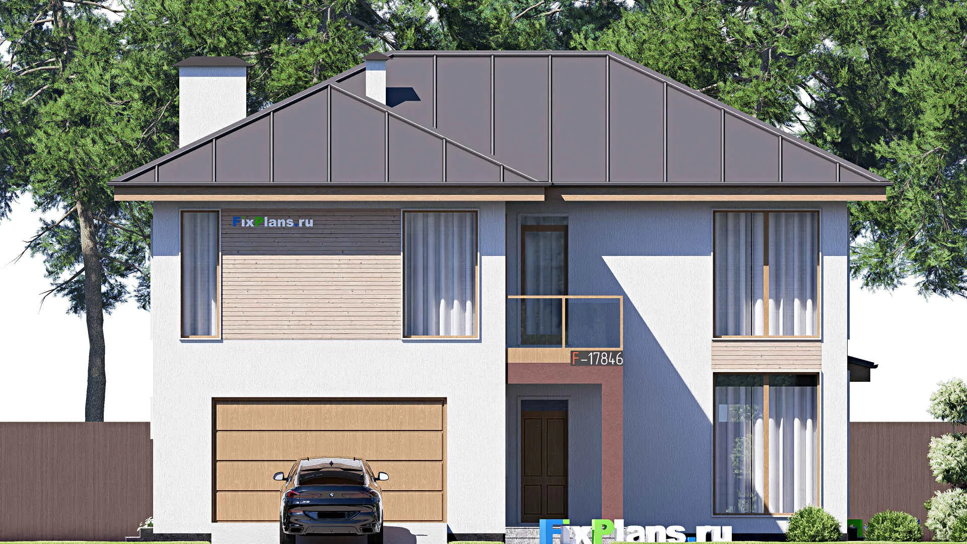 F-17846 - Проект двухэтажного дома 14 на 19, площадью 310 м² с террасой, балконом, гаражом на 2 машины и 4 спальнями