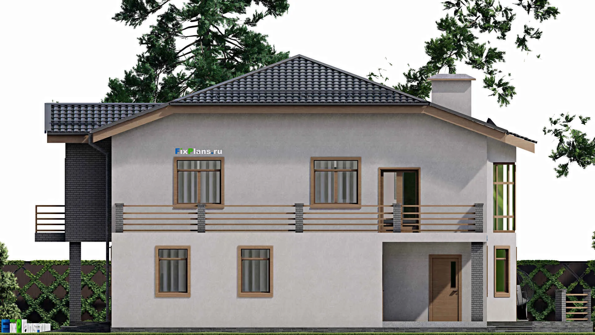 F-2699 - Проект двухэтажного дома 14 на 14, площадью 300 м² с террасой, балконом, гаражом на 1 машину, бассейном и 4 спальнями