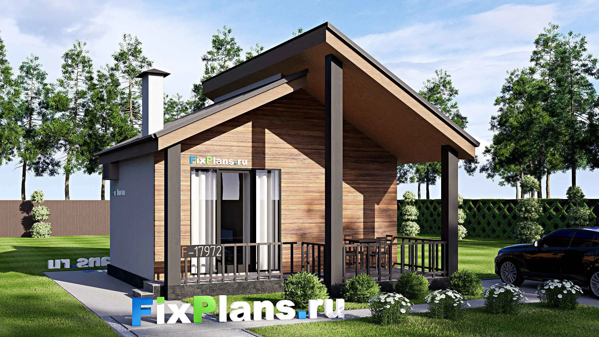 F-17972 - Проект бани 8 на 8, площадью 50 м² с терассой, санузлом и спальней