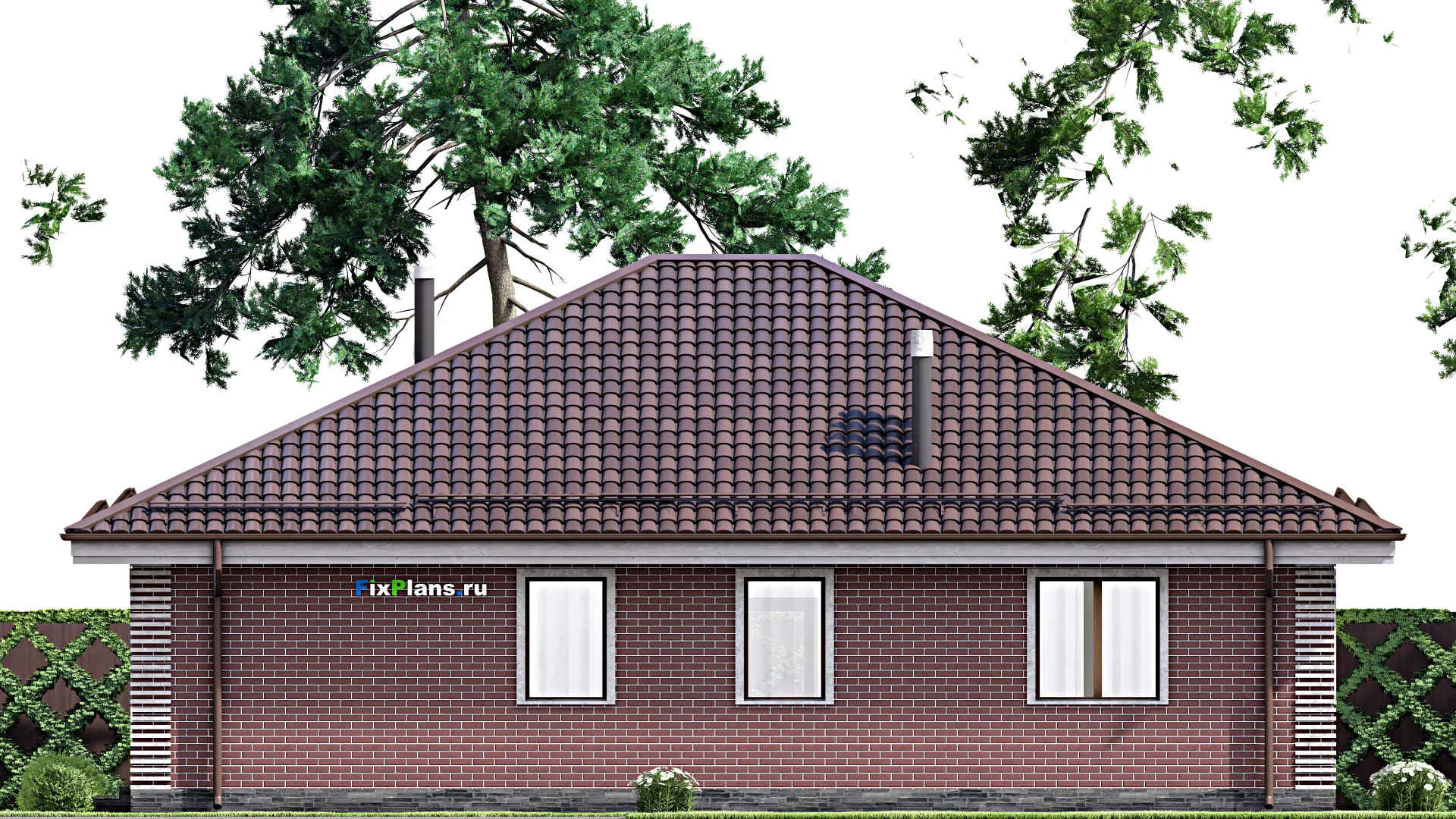 F-14012 - План одноэтажного дома 13 на 15, площадью 130 м² с террасой и 2 спальнями