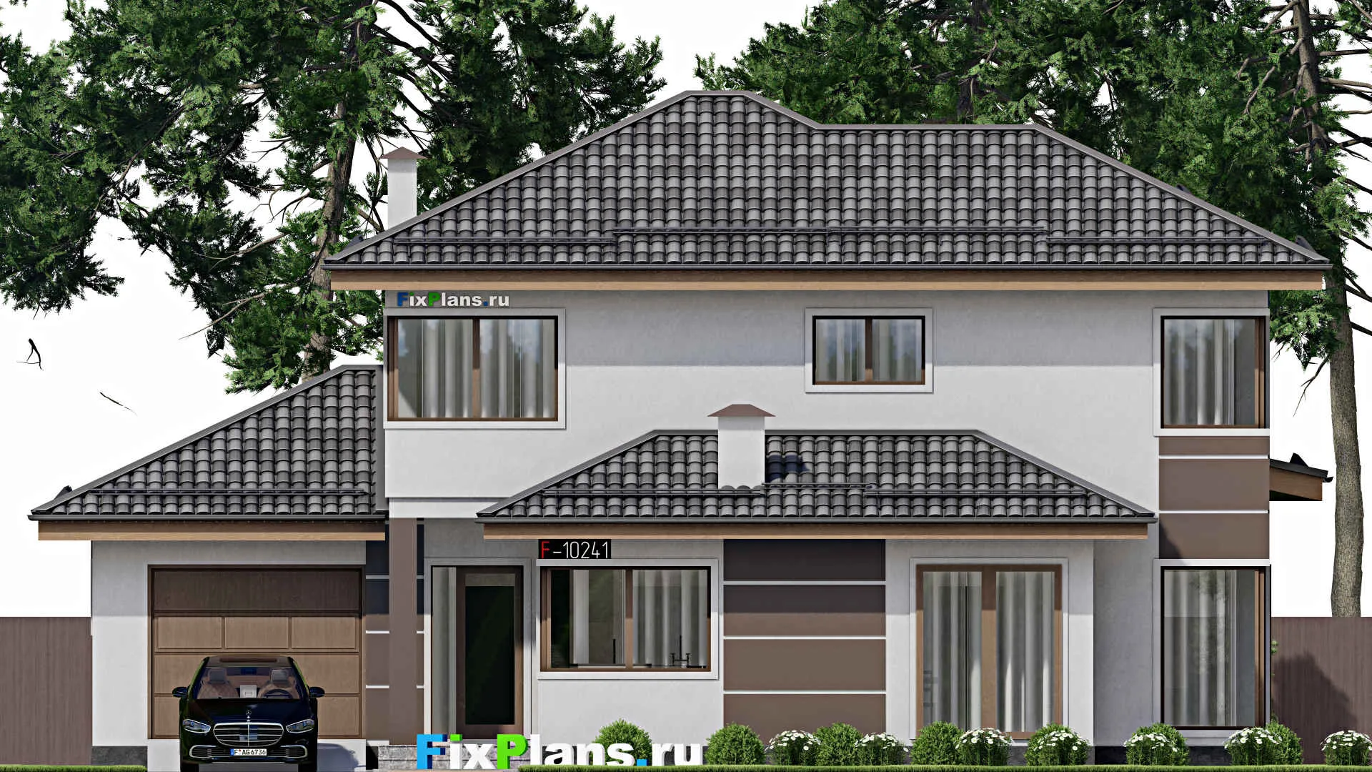 F-10241 - Планы двухэтажного дома 14 на 17, площадью 220 м² с террасой, гаражом на 1 машину и 3 спальнями