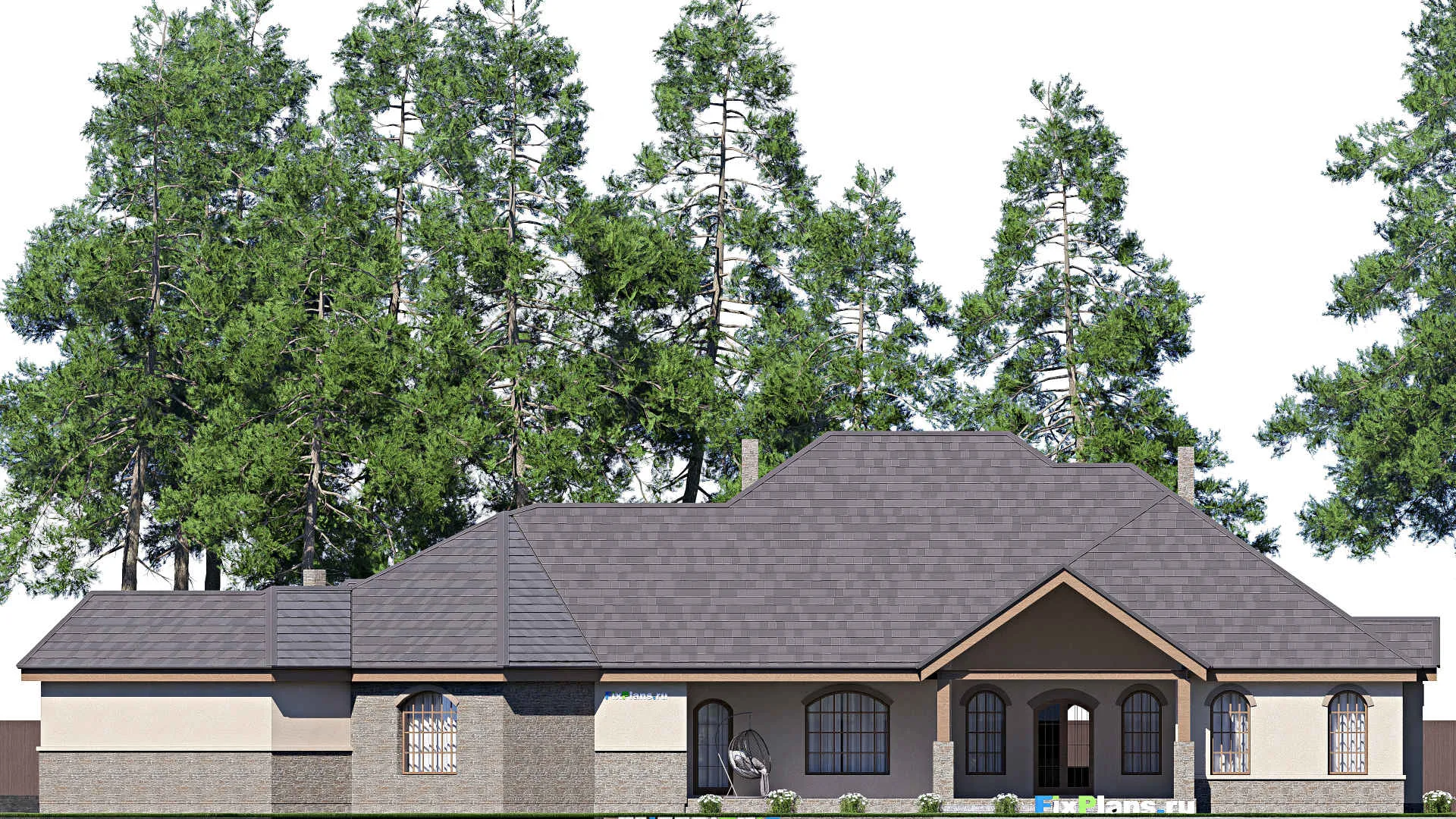 F-17216 - План одноэтажного дома 26 на 35, площадью 460 м² с террасой, гаражом на 2 машины и 3 спальнями