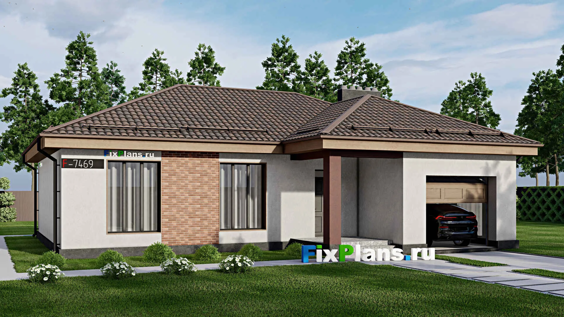 F-7469 - Проект одноэтажного дома 14 на 16, площадью 140 м² с террасой, гаражом на 1 машину и 3 спальнями