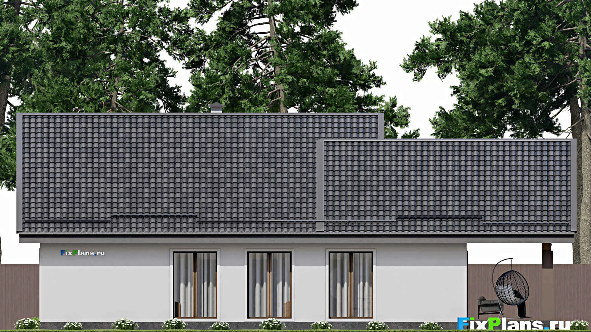 F-9035 - Проект одноэтажного дома 15 на 18, площадью 180 м² с террасой, гаражом на 1 машину и 3 спальнями