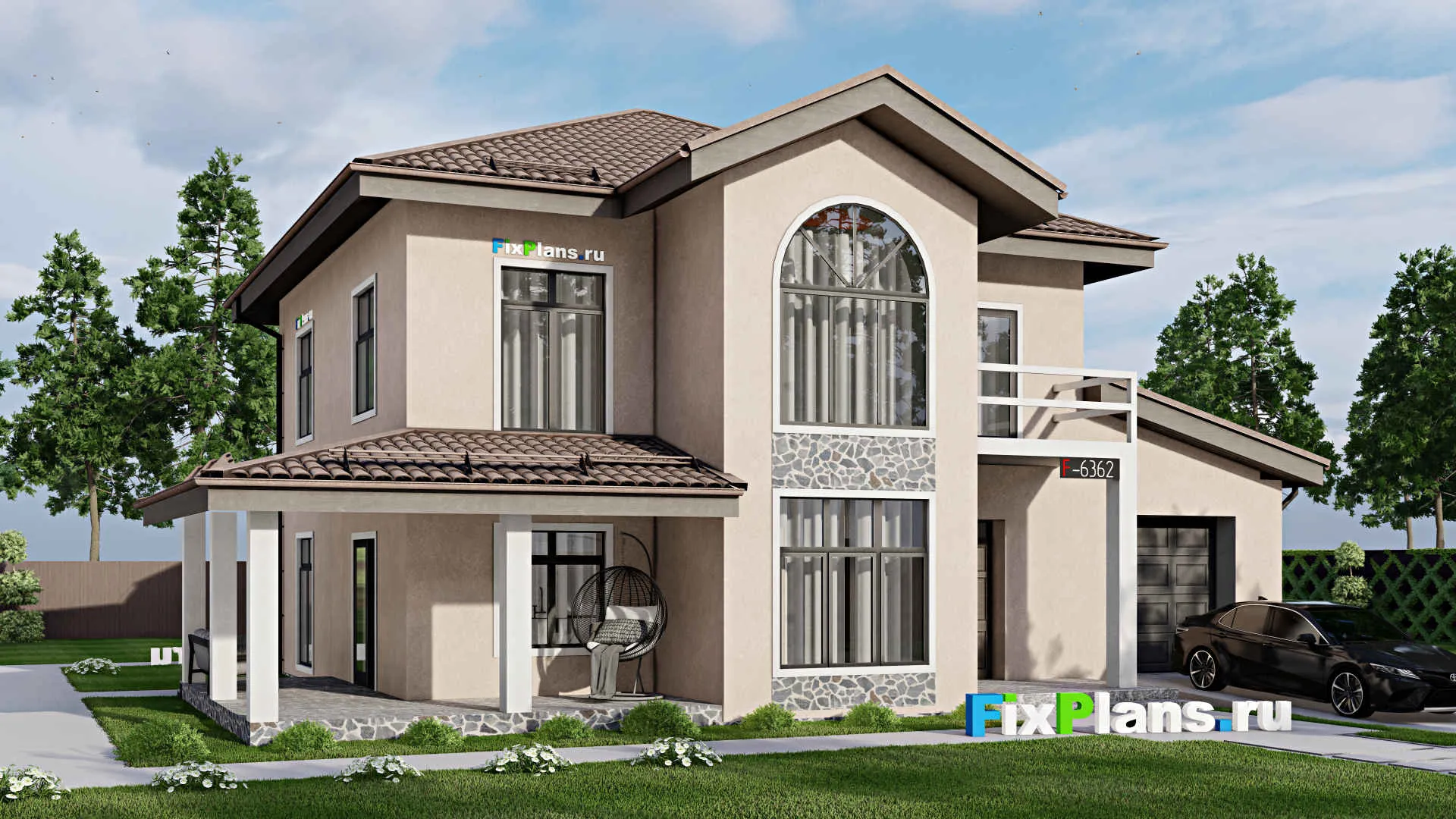F-6362 - Проект двухэтажного дома 15 на 15, площадью 240 м² с террасой, балконом, баней, гаражом на 1 машину и 3 спальнями