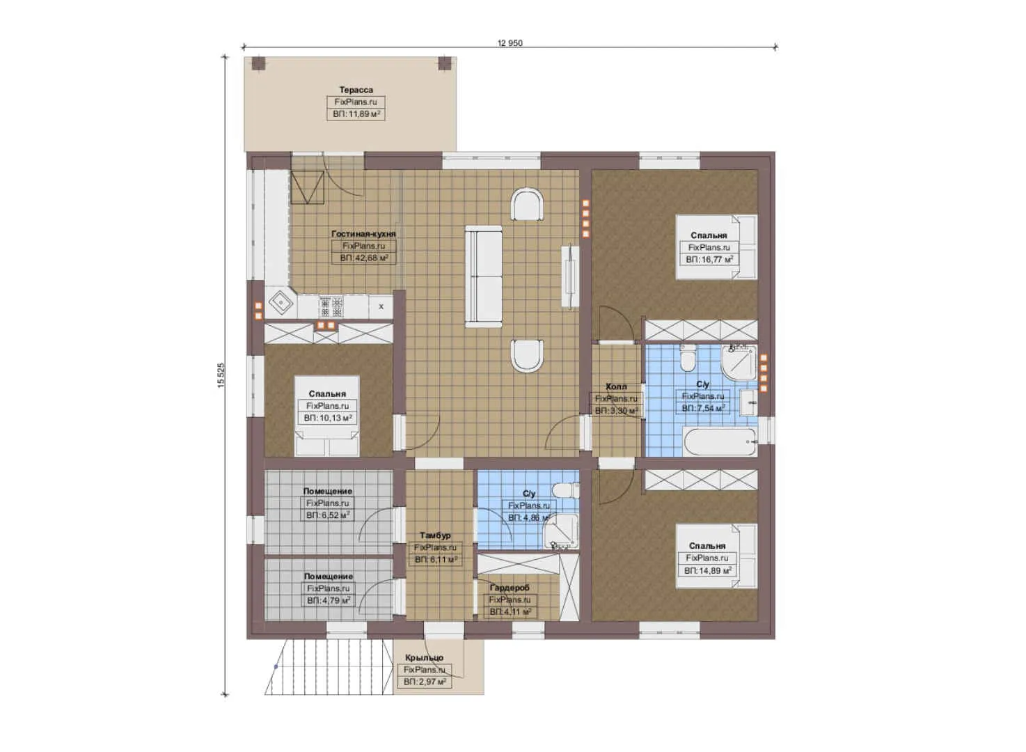 F-9467 - Планы двухэтажного дома 13 на 16, площадью 260 м² с террасой, цокольным этажом, гаражом на 1 машину и 3 спальнями