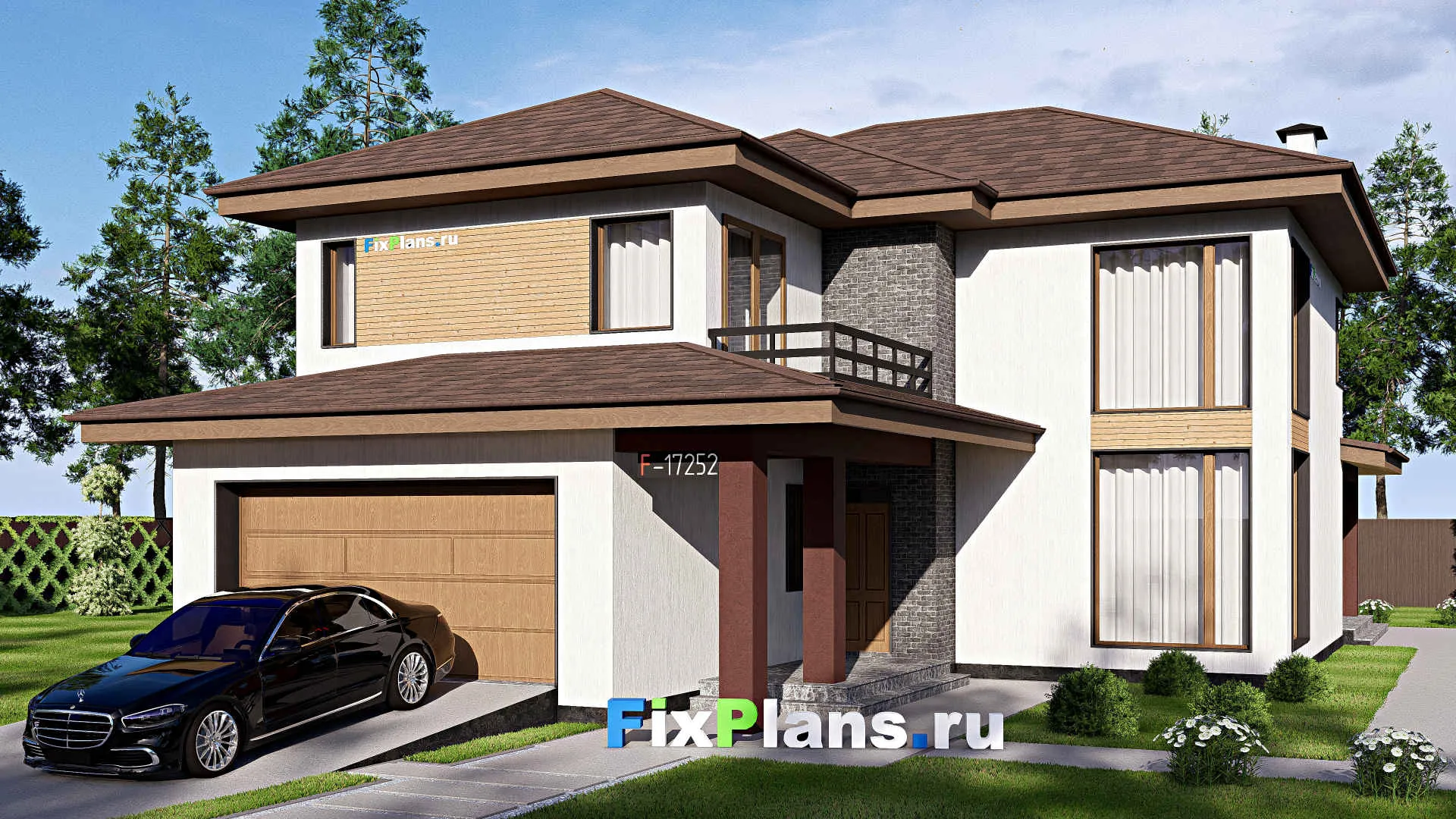 F-17252 - Проект двухэтажного дома 13 на 21, площадью 280 м² с террасой, балконом, баней, гаражом на 2 машины и 3 спальнями