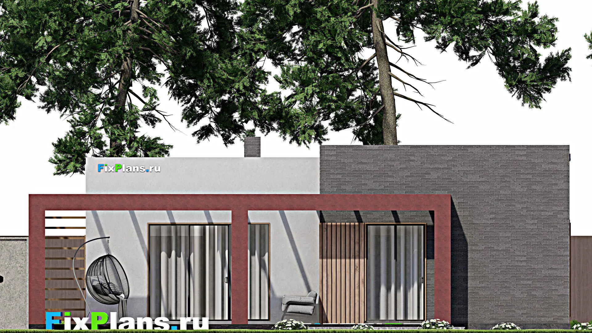 F-7037 - План одноэтажного дома 14 на 15, площадью 150 м² с террасой и 2 спальнями