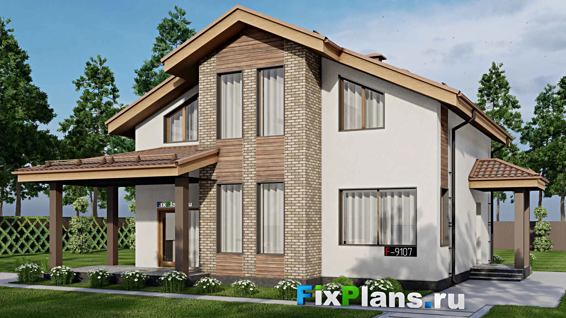 F-9107 - Проект дома с мансардой 13 на 15, площадью 190 м² с террасой и 4 спальнями