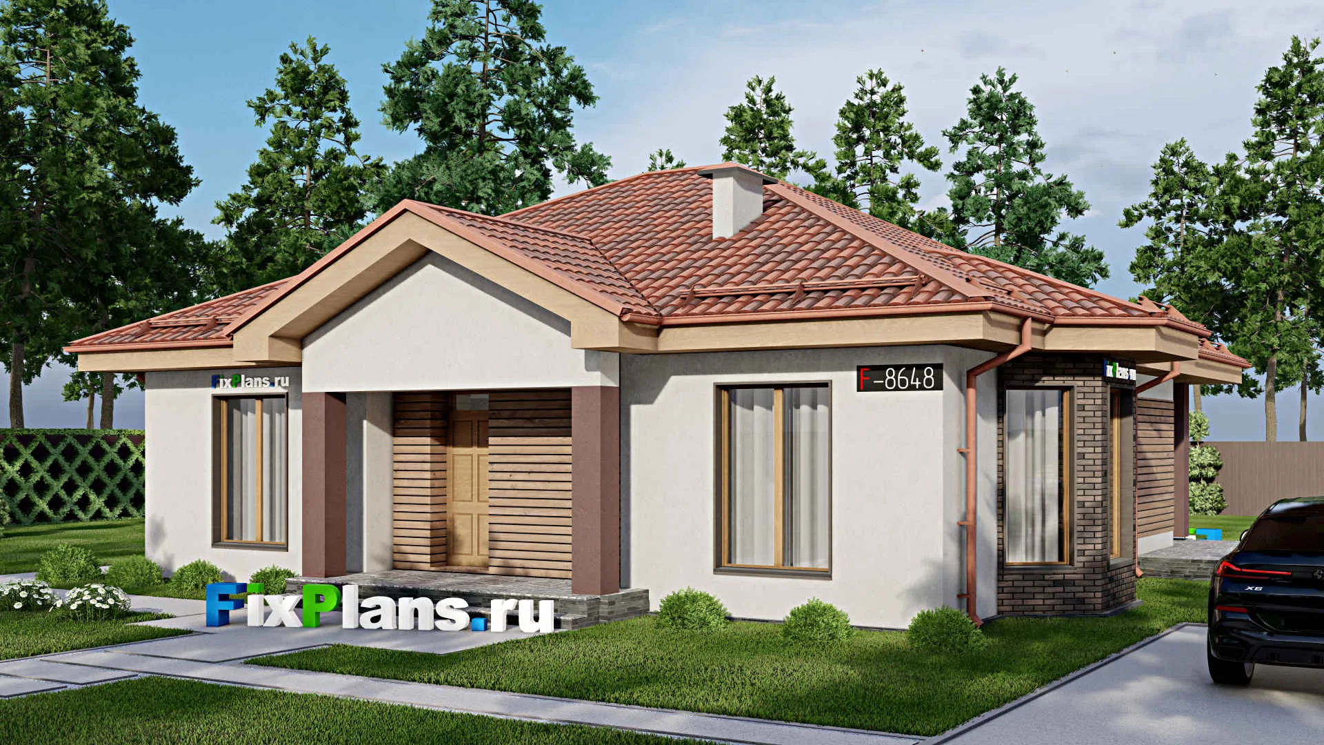 F-8648 - Проект одноэтажного дома 14 на 15, площадью 130 м² с террасой и 3 спальнями