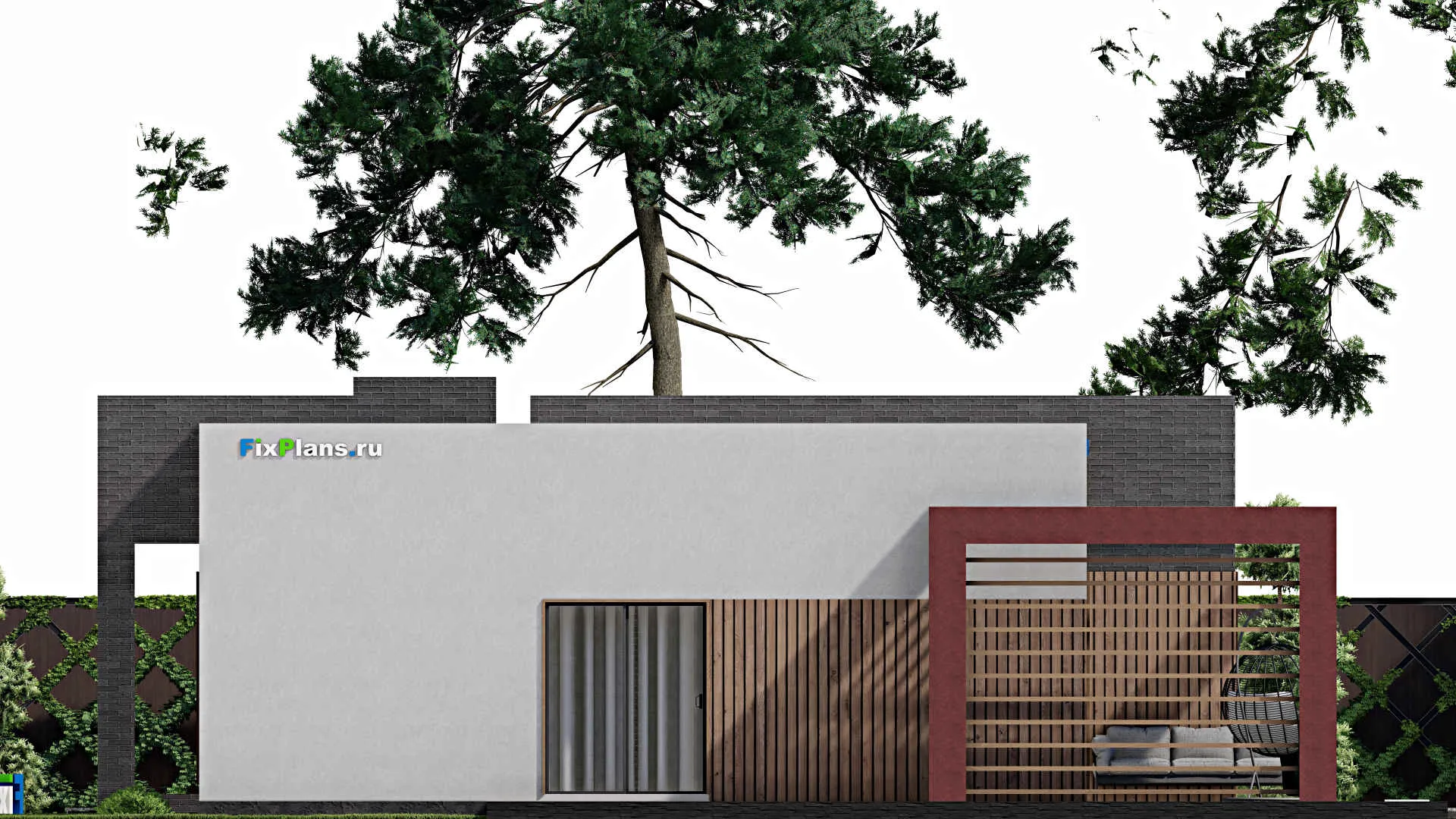 F-7037 - План одноэтажного дома 14 на 15, площадью 150 м² с террасой и 2 спальнями