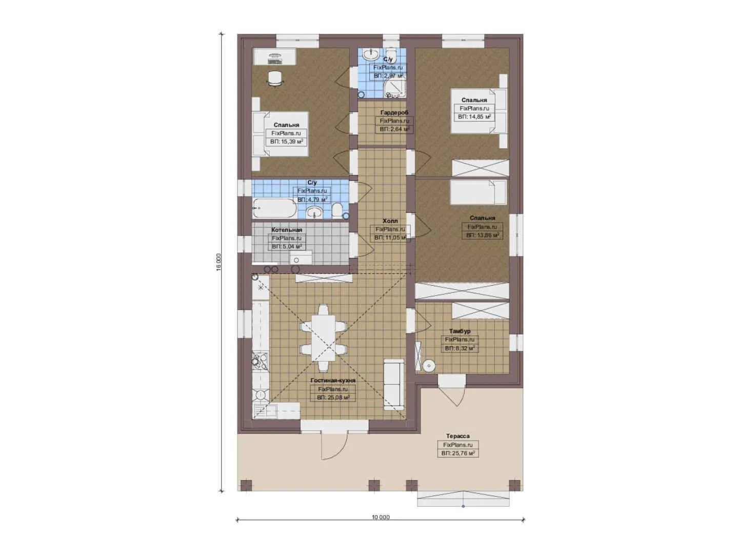 F-15218 - План одноэтажного дома 10 на 16, площадью 130 м² с террасой и 3 спальнями