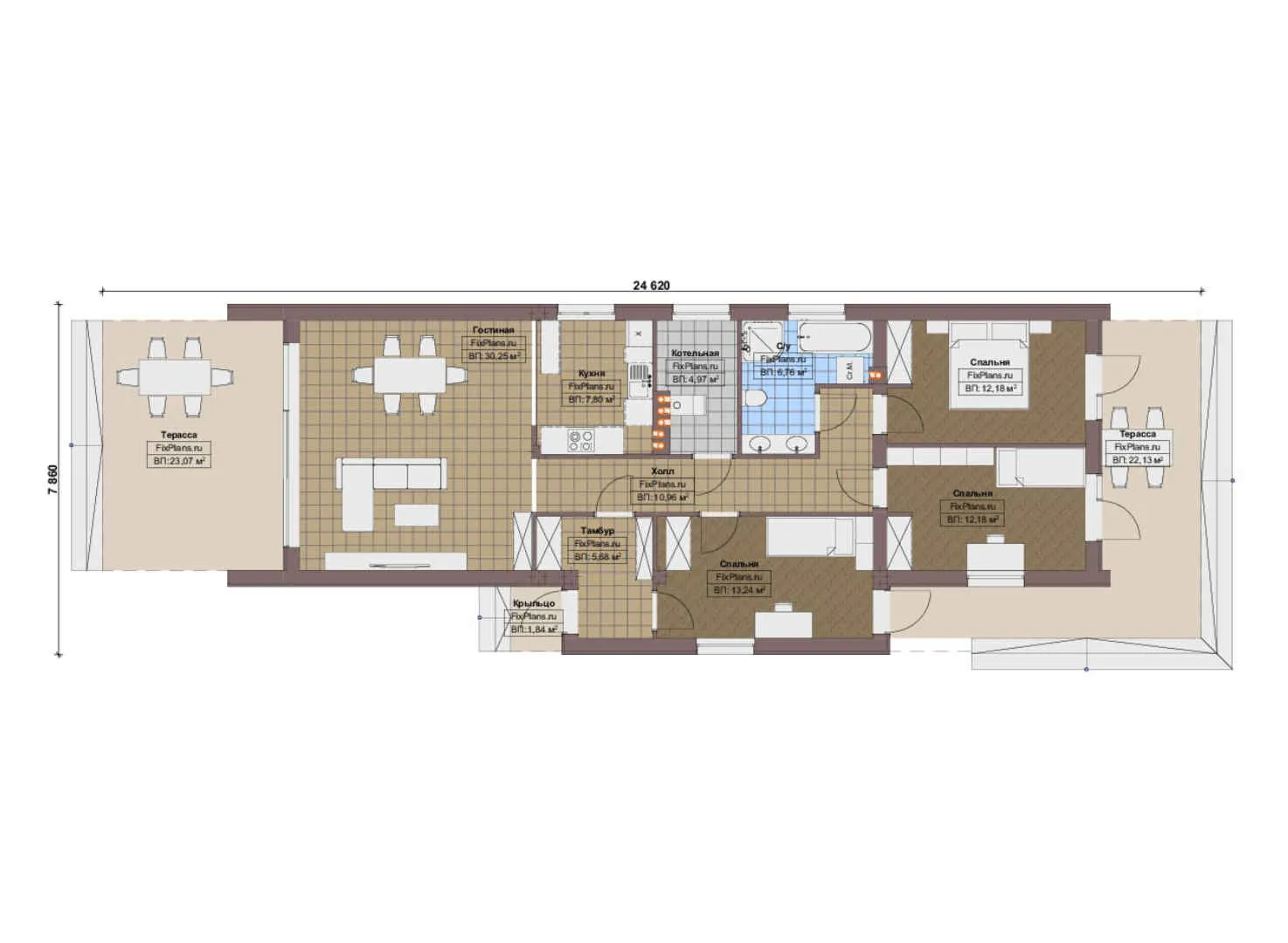 F-15731 - План одноэтажного дома 8 на 25, площадью 160 м² с 3 спальнями