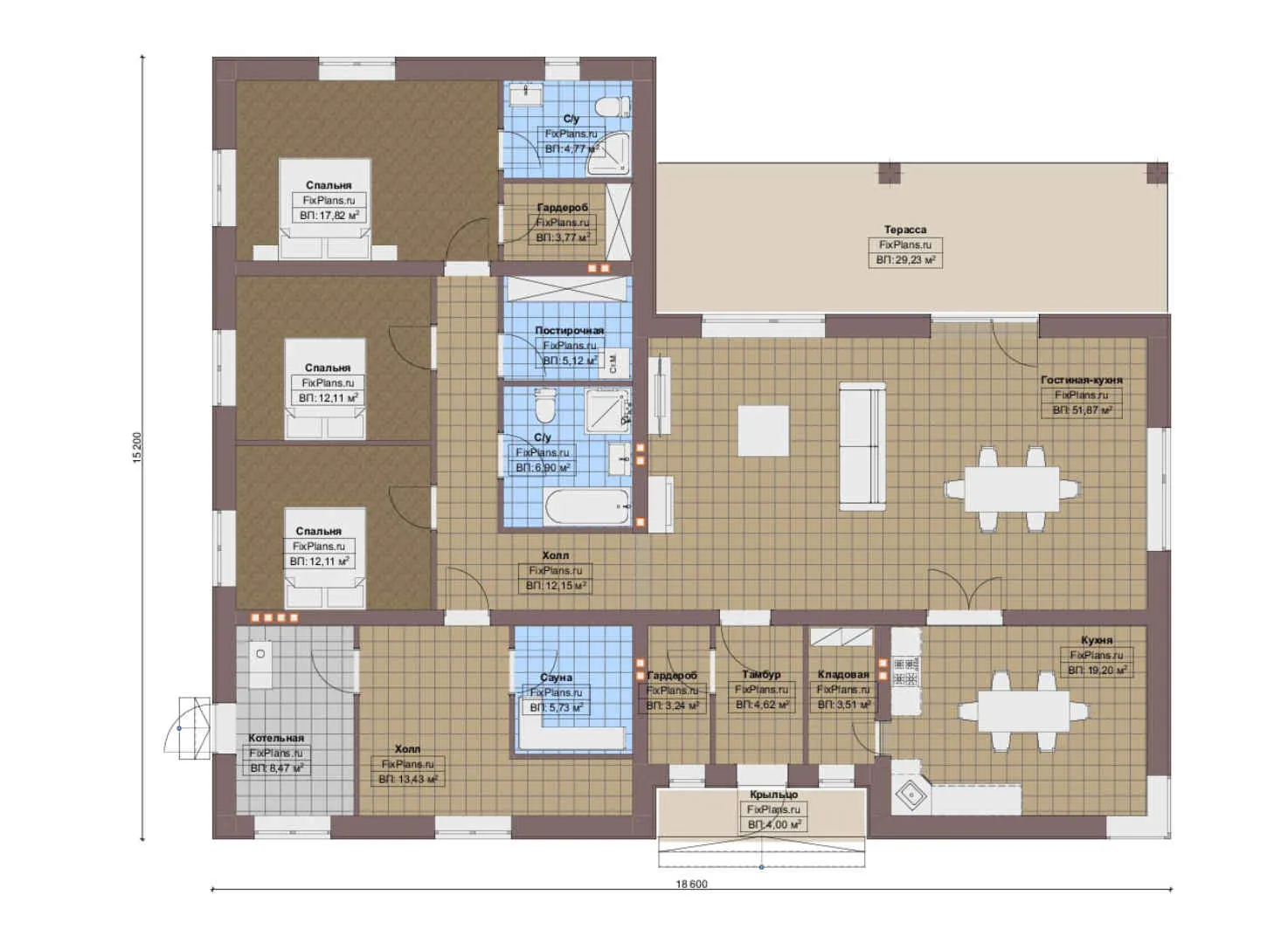 F-14228 - План одноэтажного дома 16 на 19, площадью 220 м² с террасой, баней и 3 спальнями