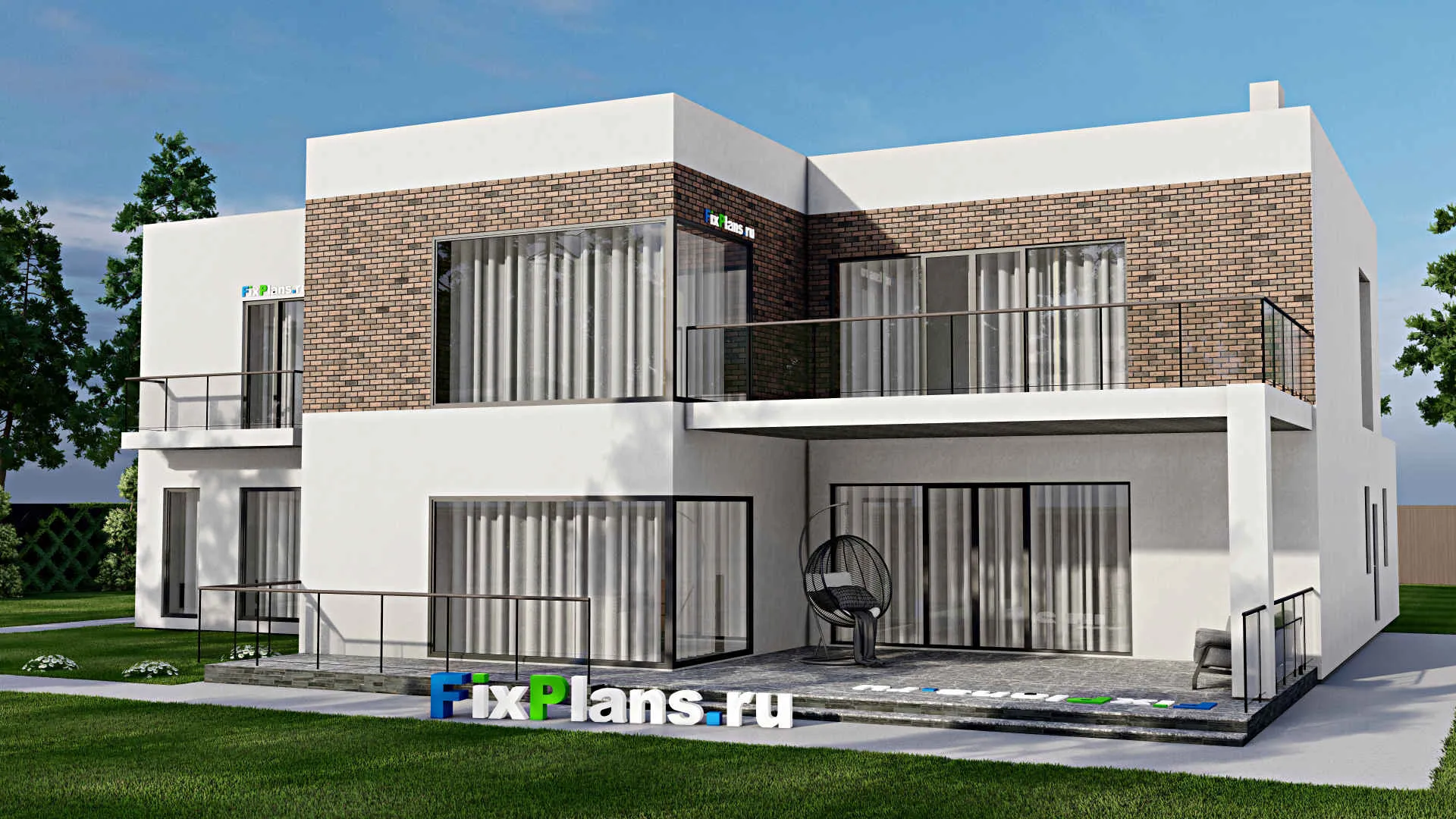 F-11843 - Планы двухэтажного дома 21 на 22, площадью 530 м² с террасой, балконом, гаражом на 1 машину и 6 спальнями