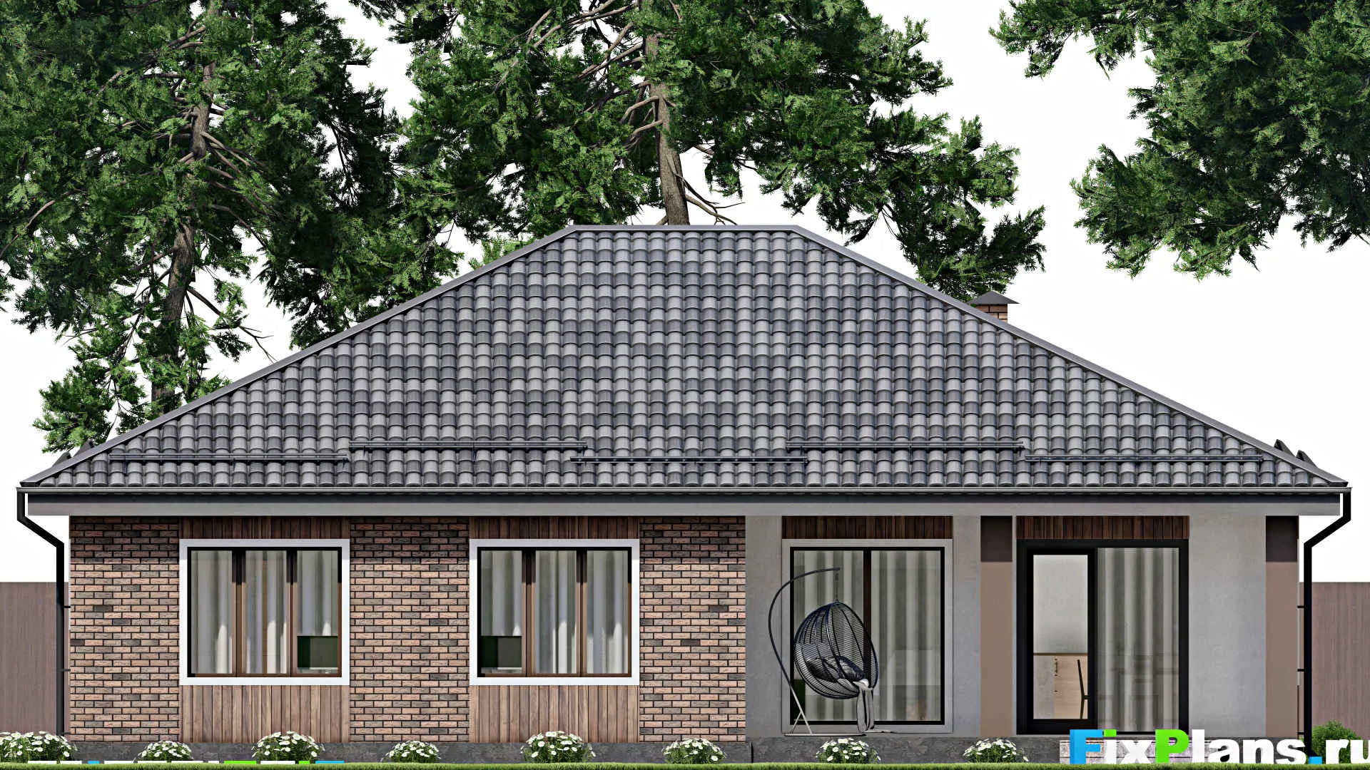 F-9647 - Проект одноэтажного дома 15 на 16, площадью 170 м² с террасой и 3 спальнями