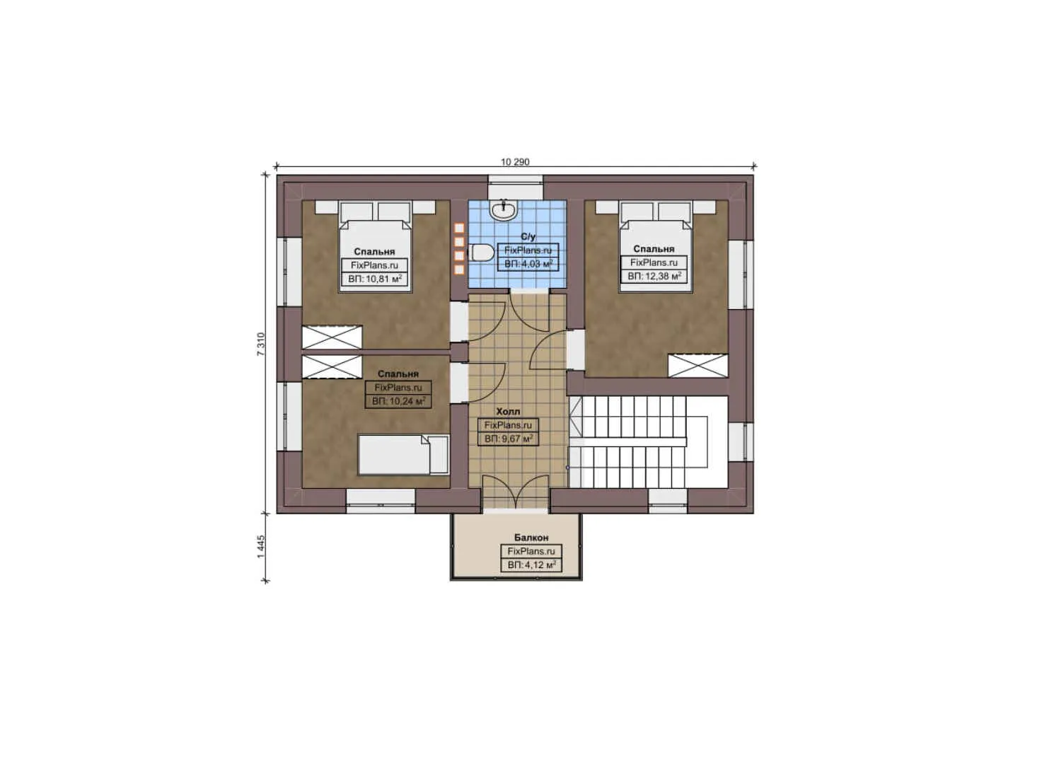 F-8027 - Планы двухэтажного дома 8 на 11, площадью 110 м² с балконом и 4 спальнями