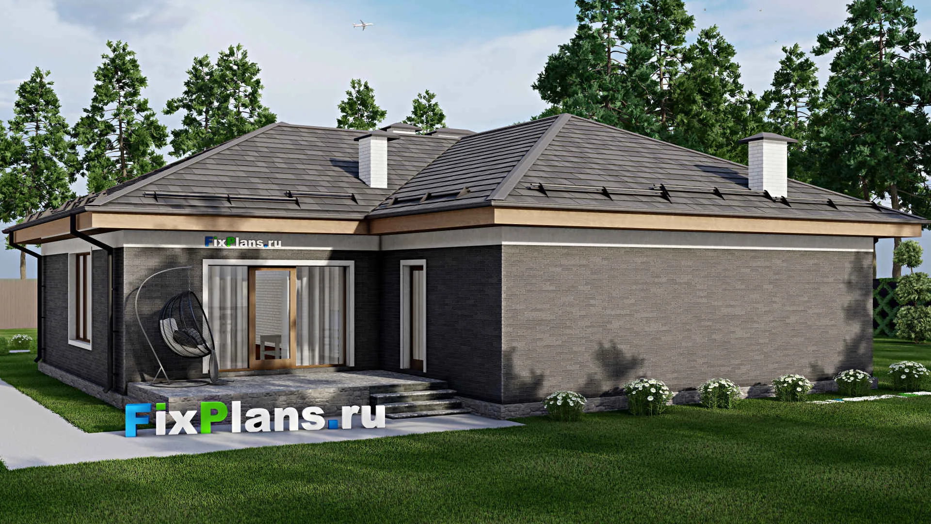 F-10214 - План одноэтажного дома 15 на 20, площадью 200 м² с террасой, гаражом на 2 машины и 3 спальнями