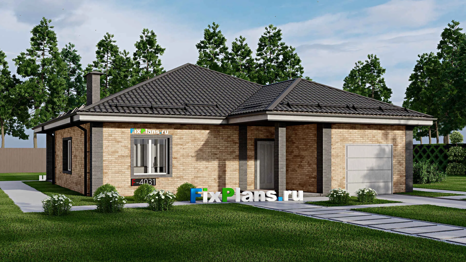 F-4031 - Проект одноэтажного дома 13 на 17, площадью 160 м² с террасой, гаражом на 1 машину и 3 спальнями