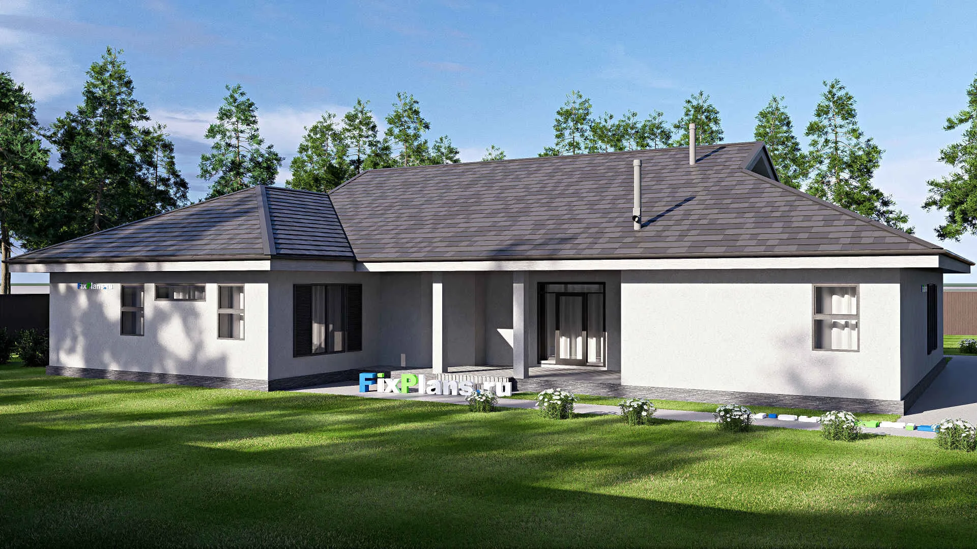 F-20096 - Проект одноэтажного дома 20 на 24, площадью 320 м² с террасой, гаражом на 2 машины и 5 спальнями