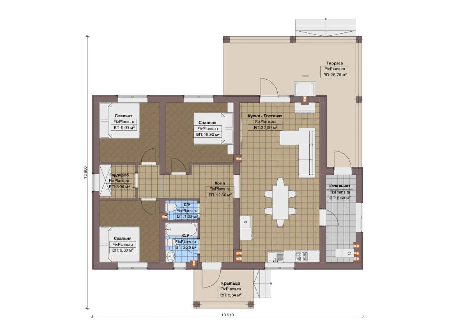 F-20555 - План одноэтажного дома 14 на 14, площадью 130 м² с террасой и 3 спальнями