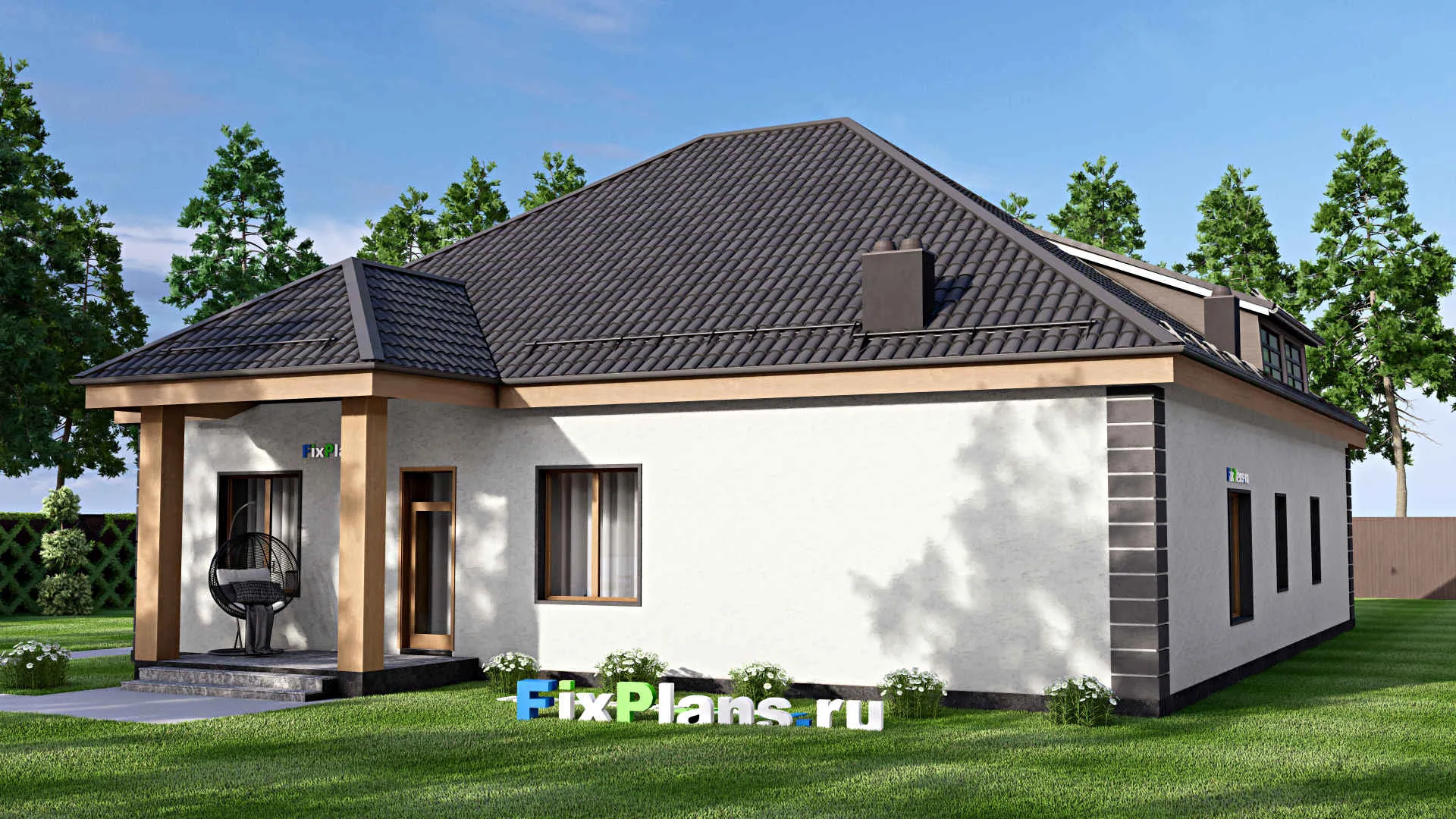 F-16919 - Проект одноэтажного дома 16 на 21, площадью 300 м² с гаражом на 2 машины и 5 спальнями