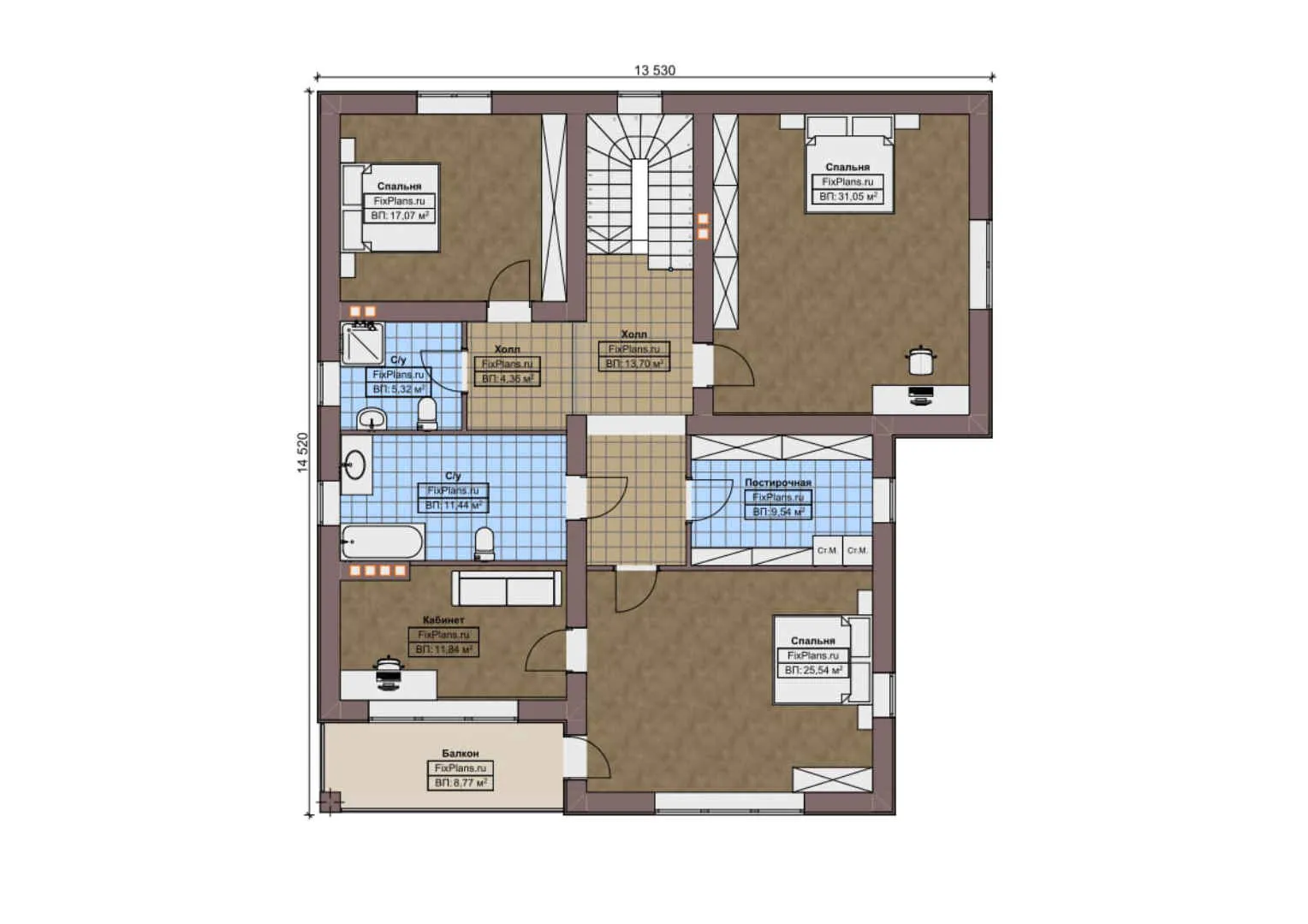 F-9944 - Планы двухэтажного дома 16 на 16, площадью 470 м² с террасой, балконом и 4 спальнями