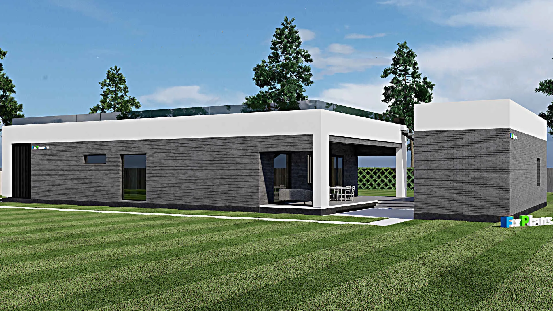 F-0638 - Проект одноэтажного дома 14 на 32, площадью 320 м² с террасой, гаражом на 1 машину и 3 спальнями