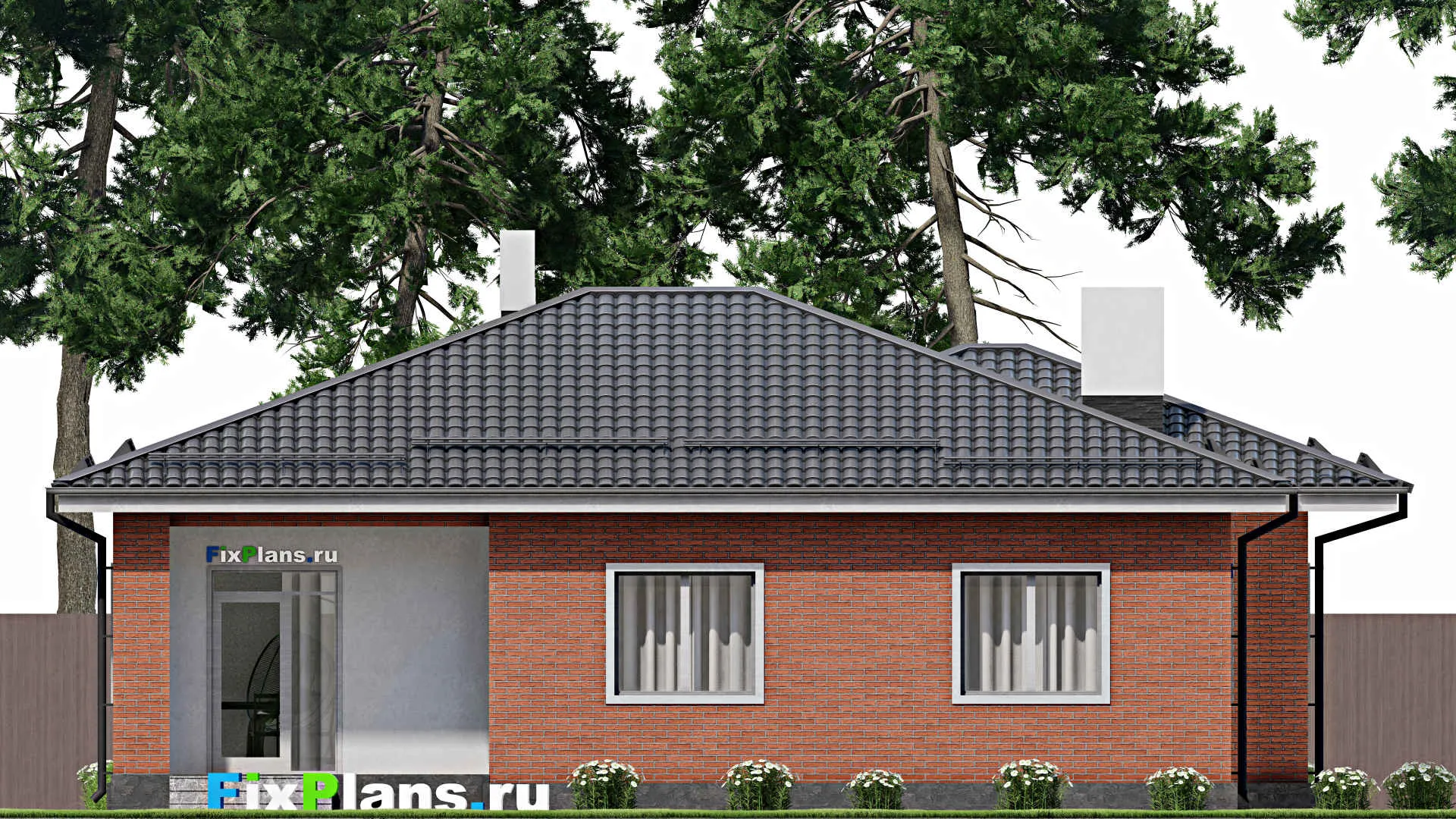 F-4958 - Проект одноэтажного дома 14 на 16, площадью 150 м² с террасой, гаражом на 1 машину и 2 спальнями